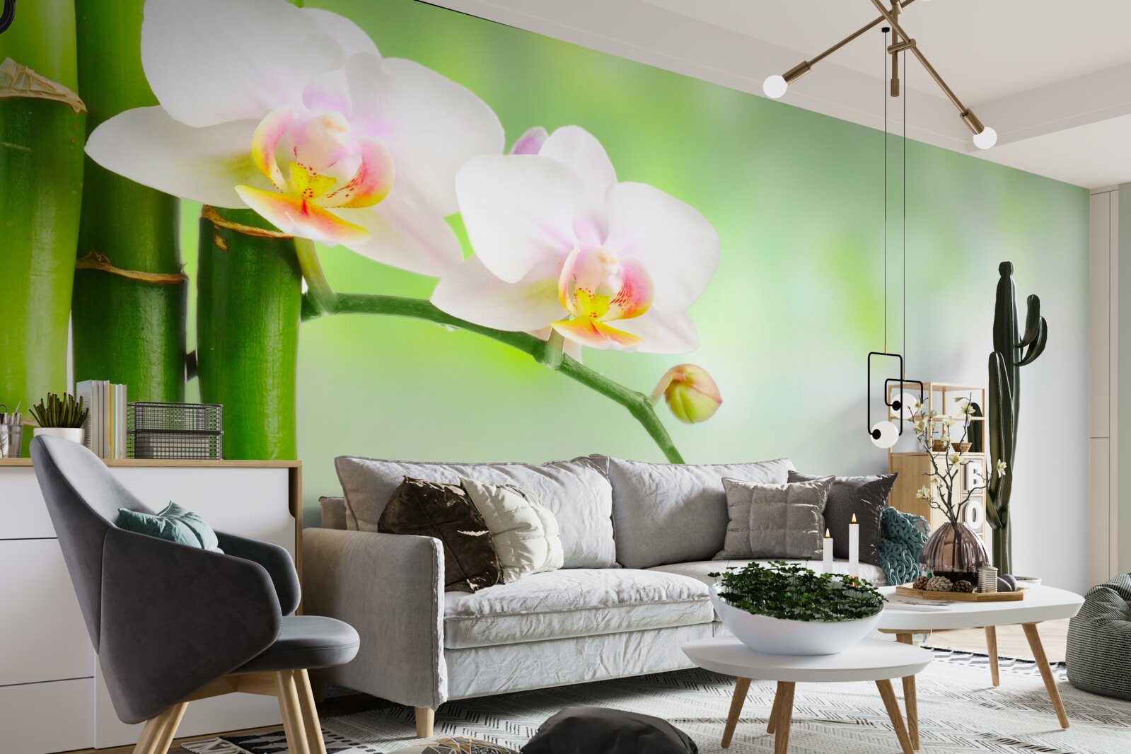 Fotobehang witte orchidee, stenen en bamboe