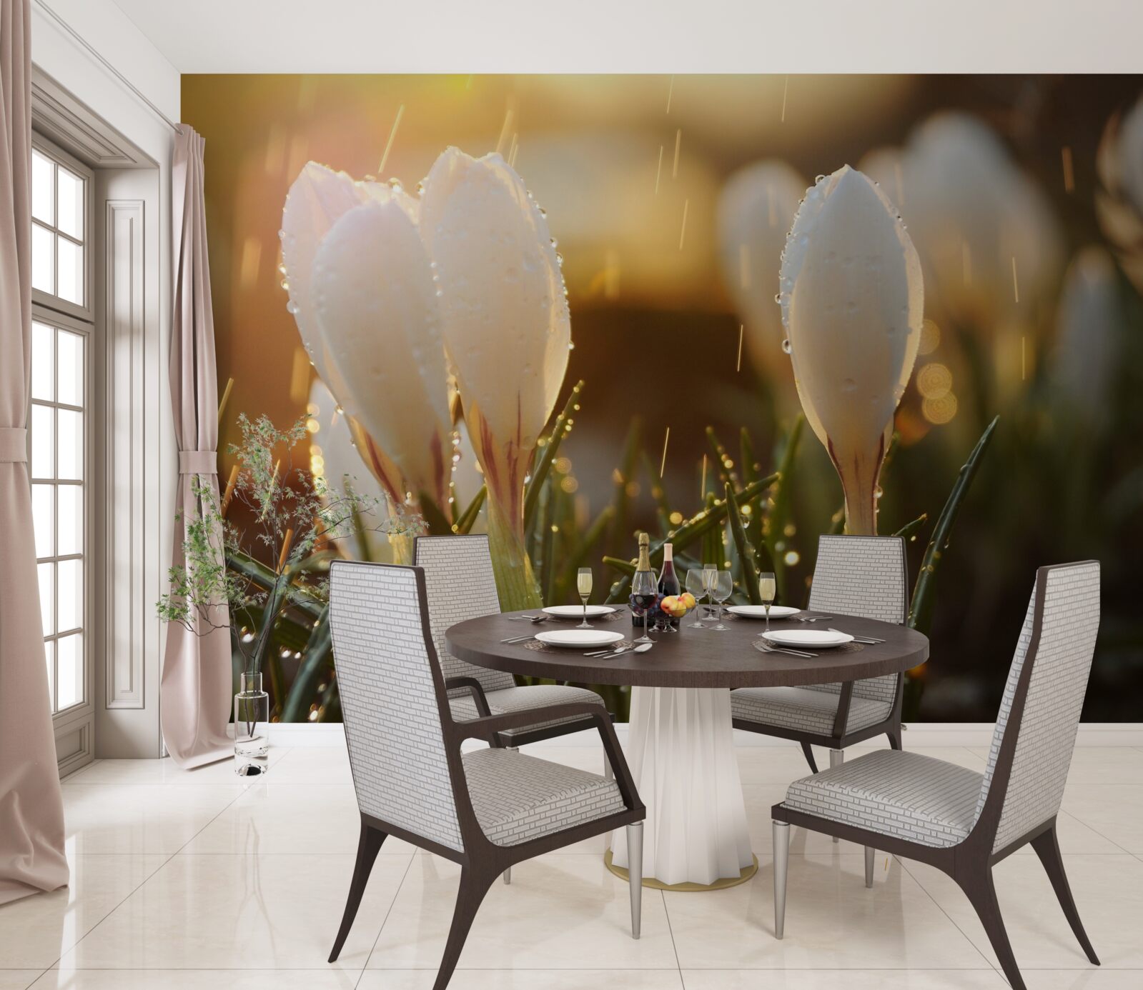 Fotobehang bloemen in sneeuwwitte dauw