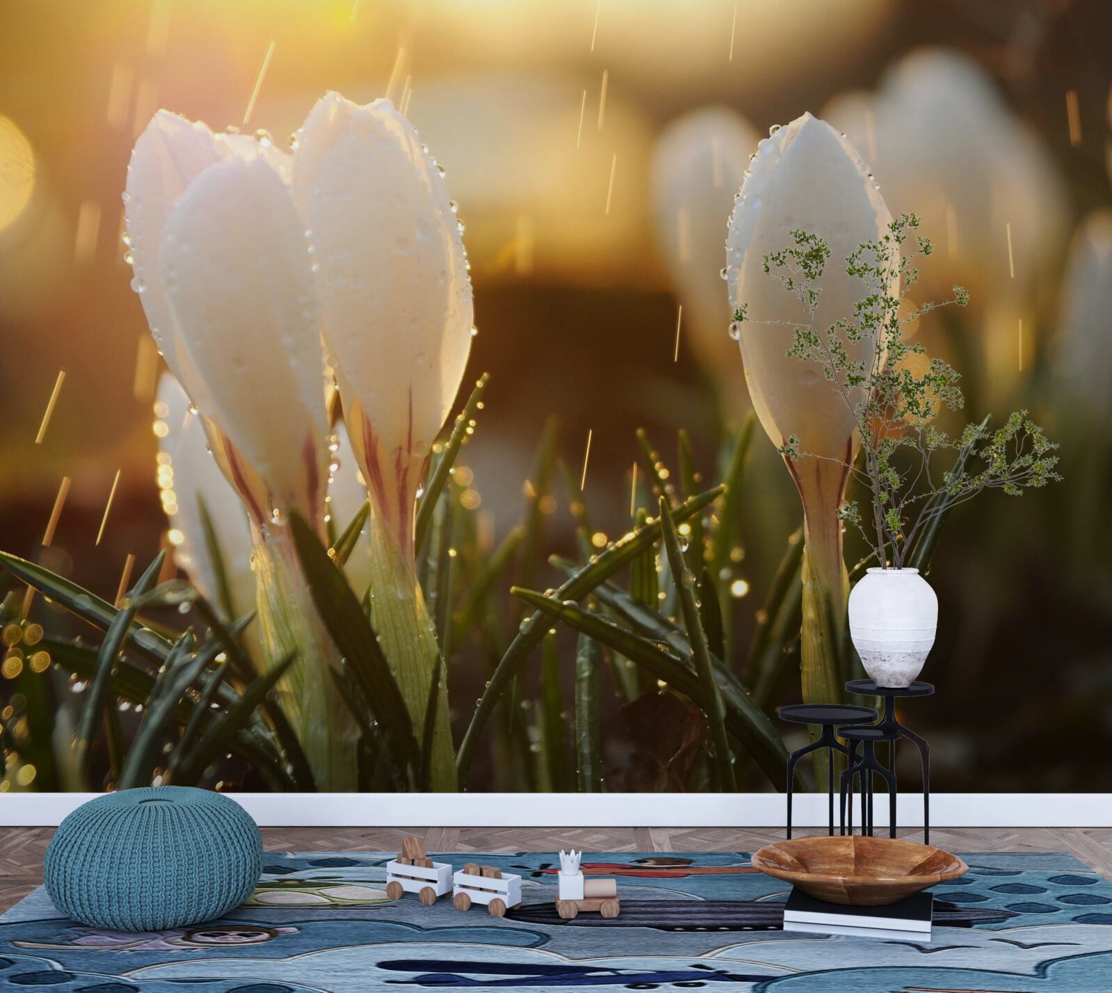 Fotobehang bloemen in sneeuwwitte dauw