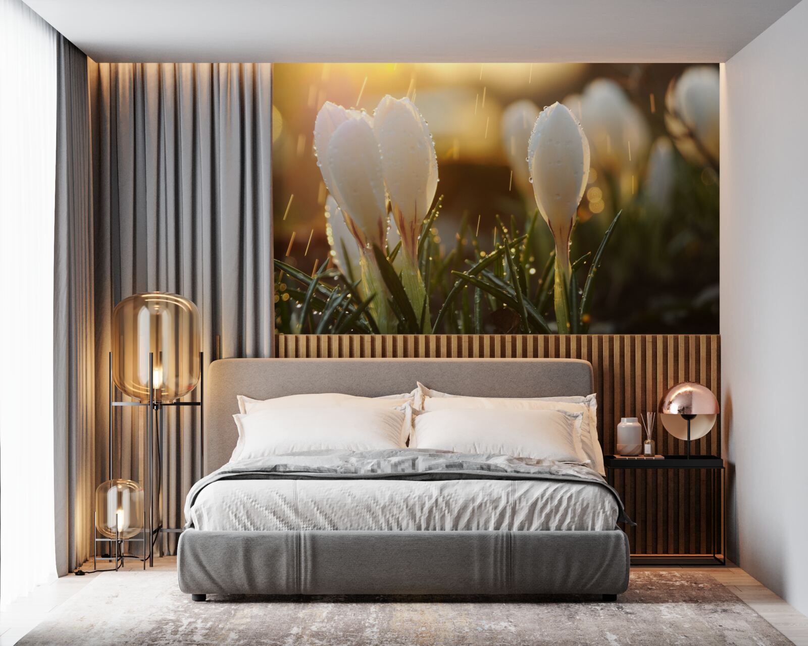 Fotobehang bloemen in sneeuwwitte dauw