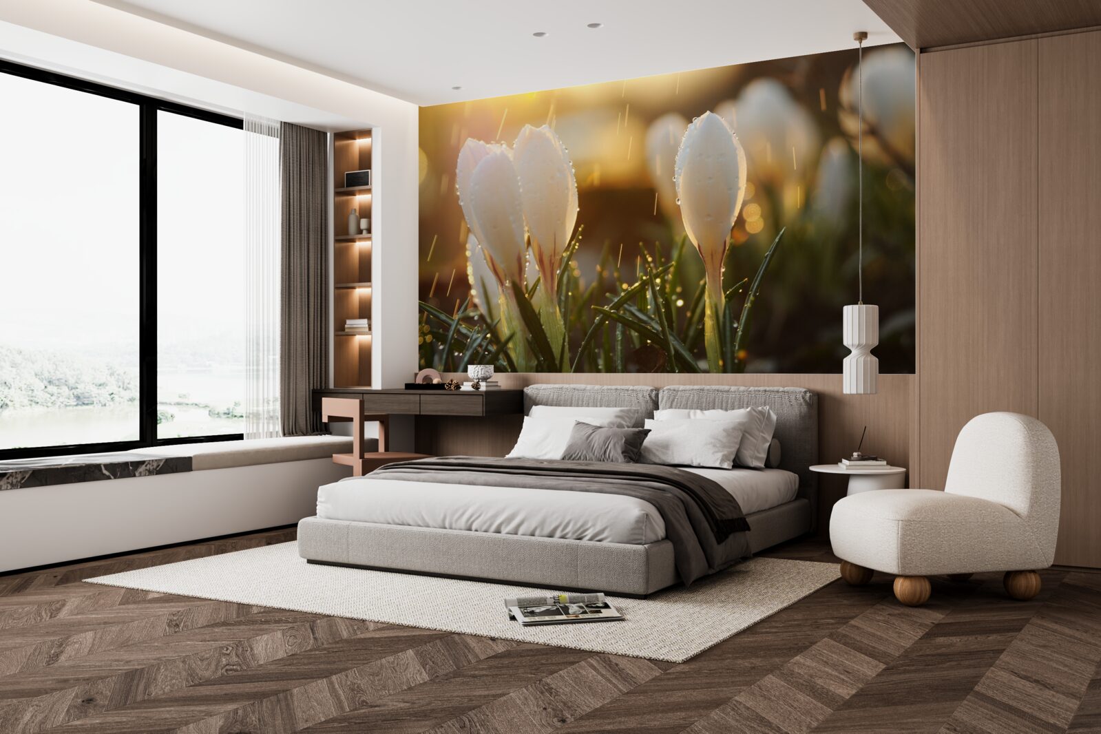 Fotobehang bloemen in sneeuwwitte dauw