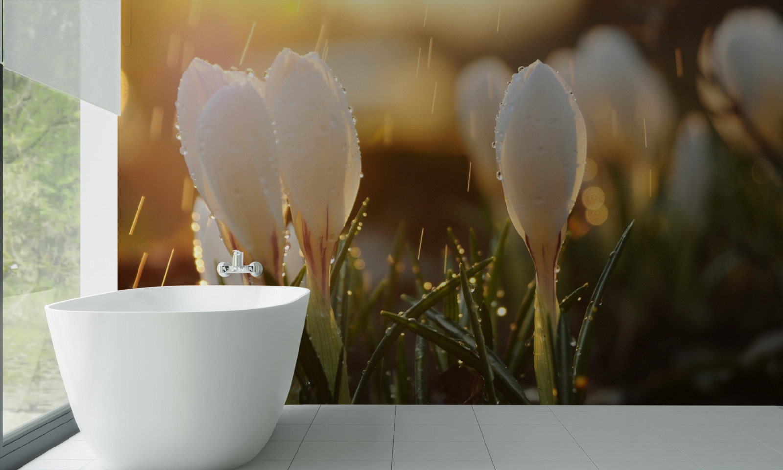 Fotobehang bloemen in sneeuwwitte dauw