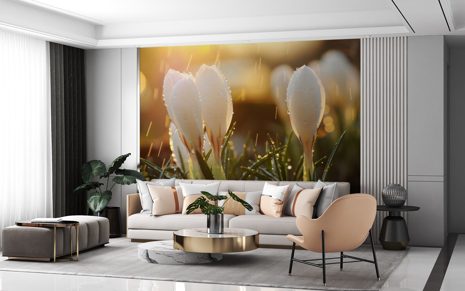 Fotobehang bloemen in sneeuwwitte dauw