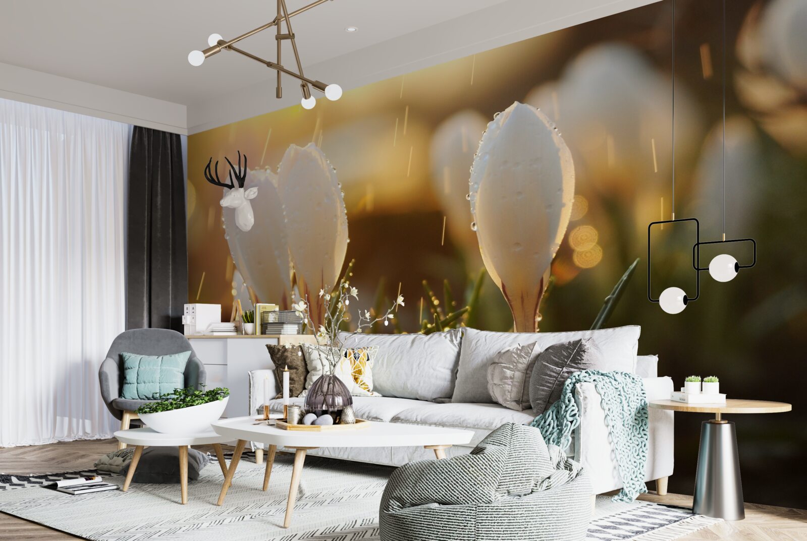 Fotobehang bloemen in sneeuwwitte dauw