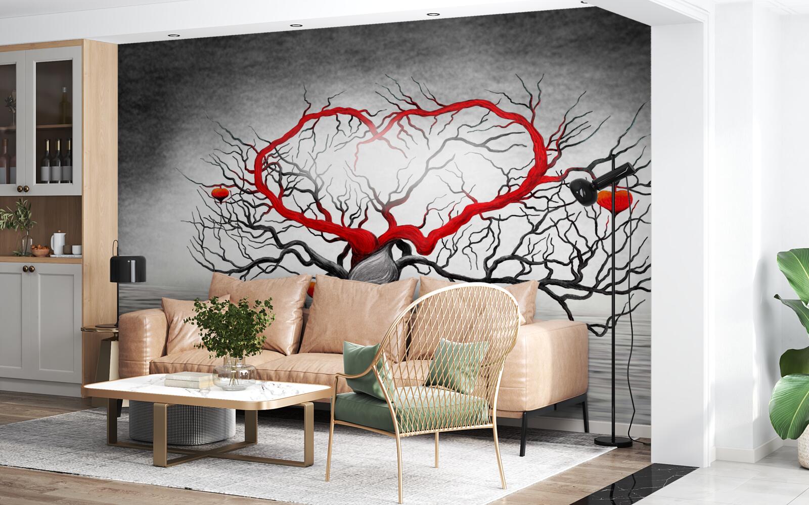 Fotobehang groot rood hart en ebbenhout