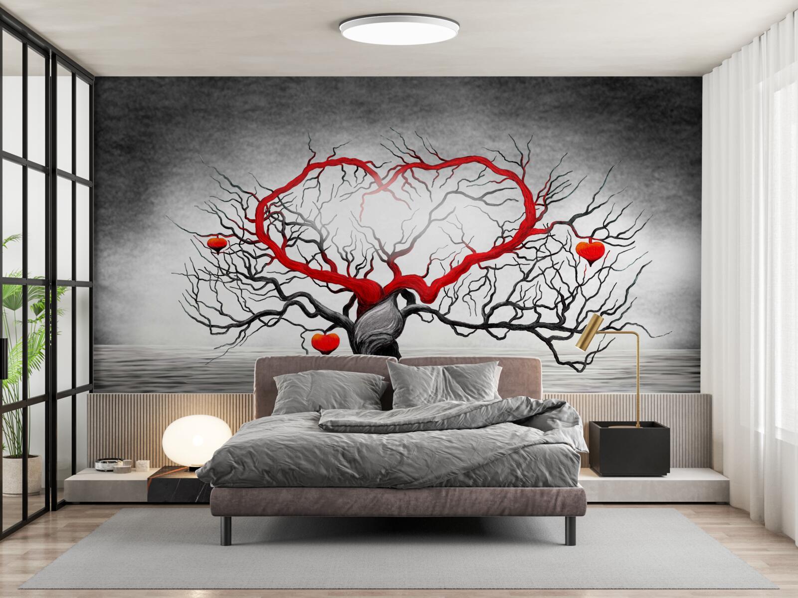 Fotobehang groot rood hart en ebbenhout