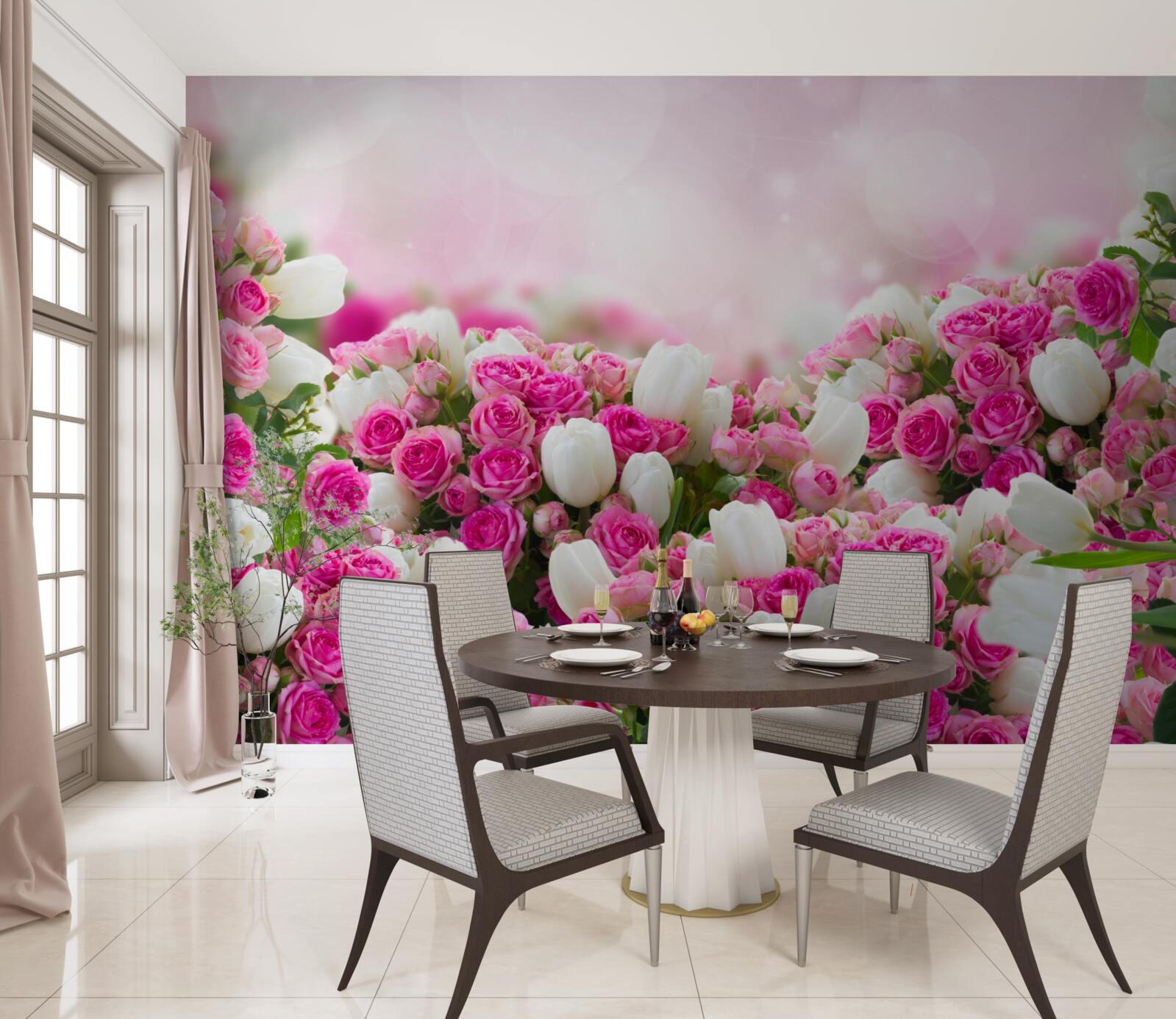 Fotobehang roze rozen en witte tulpen