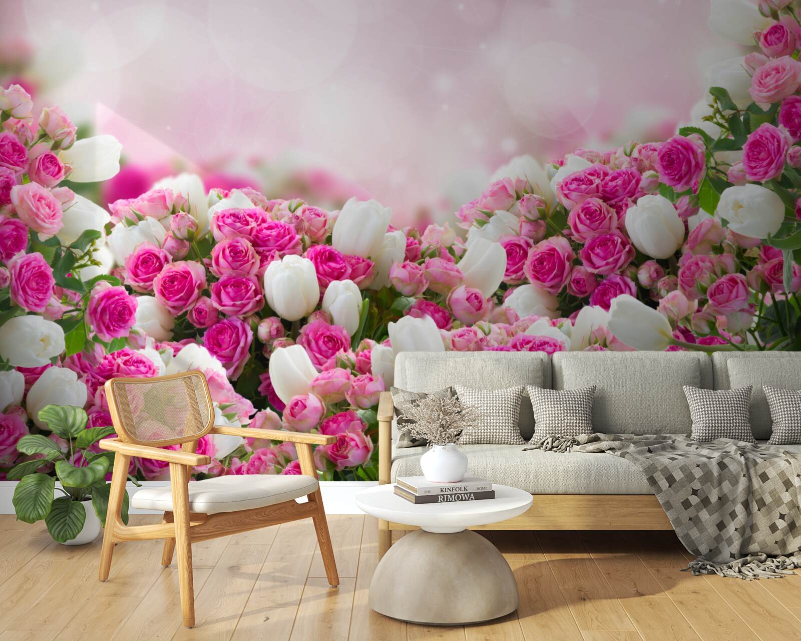 Fotobehang roze rozen en witte tulpen