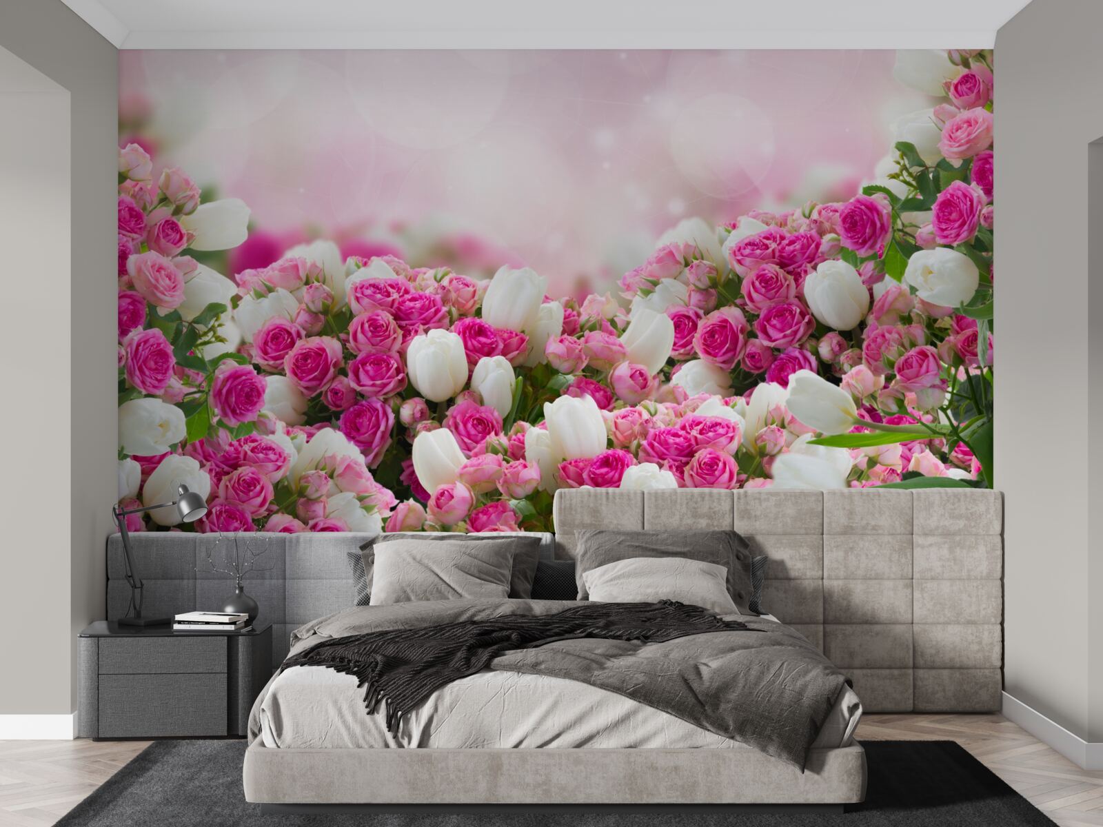 Fotobehang roze rozen en witte tulpen