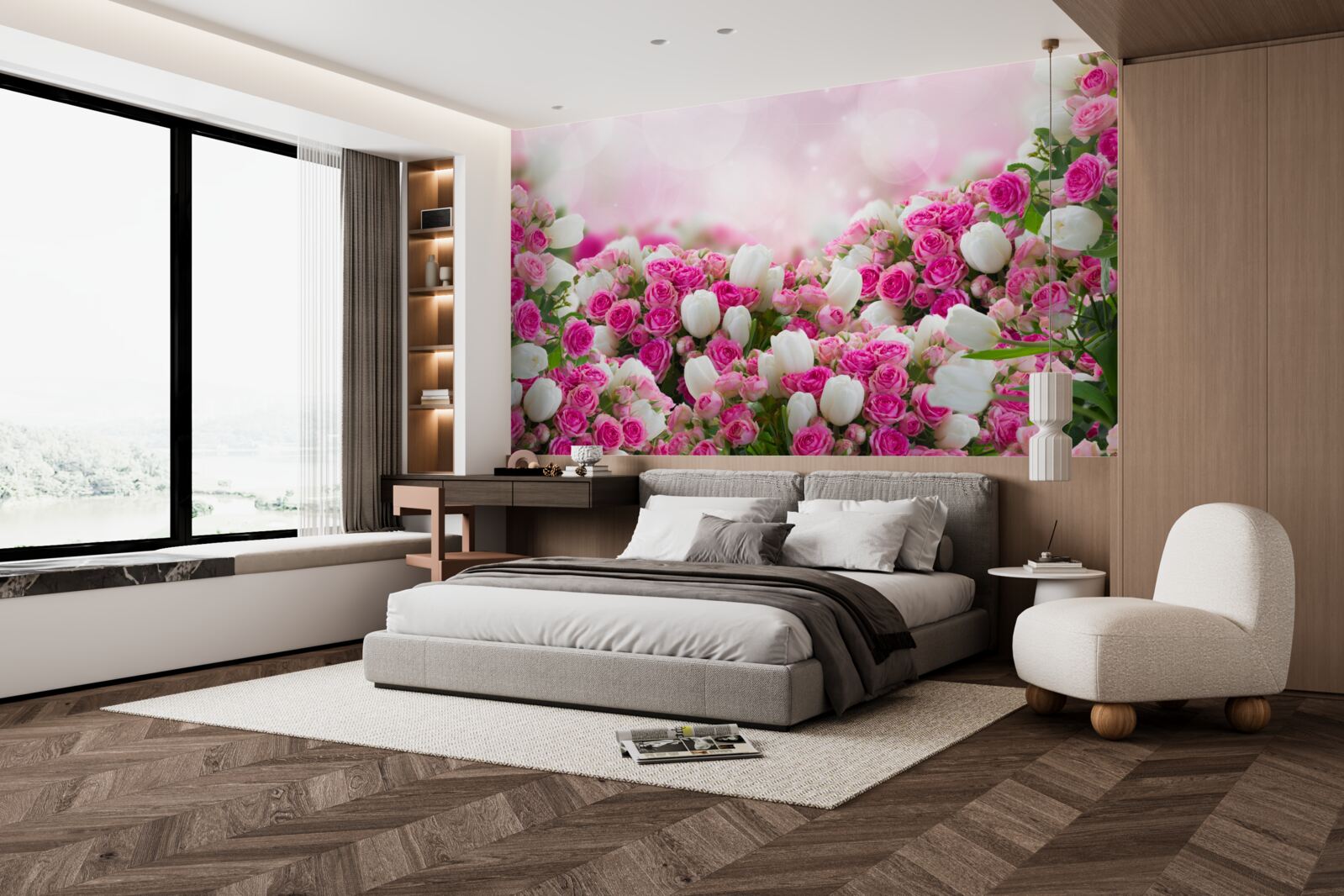 Fotobehang roze rozen en witte tulpen