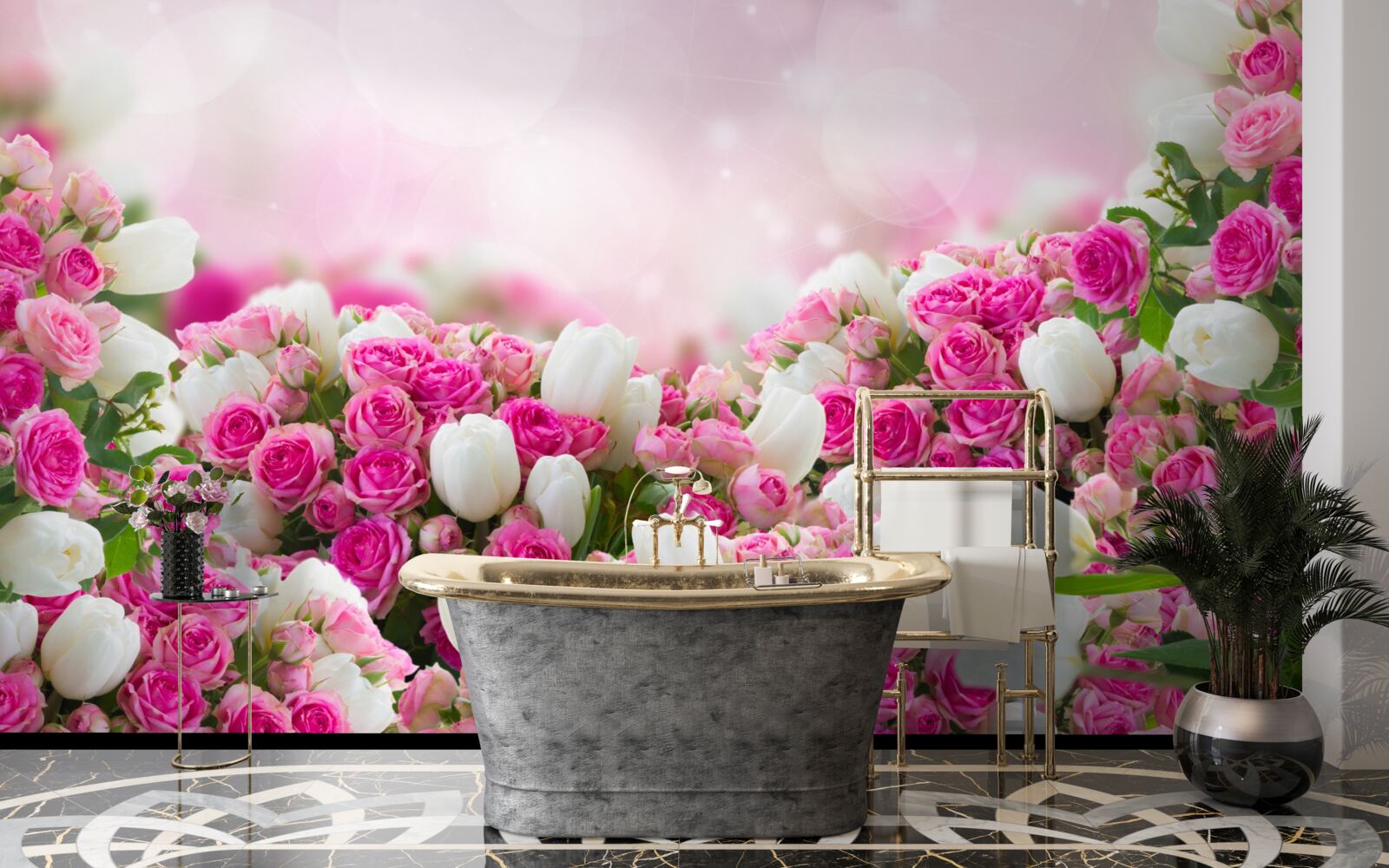 Fotobehang roze rozen en witte tulpen