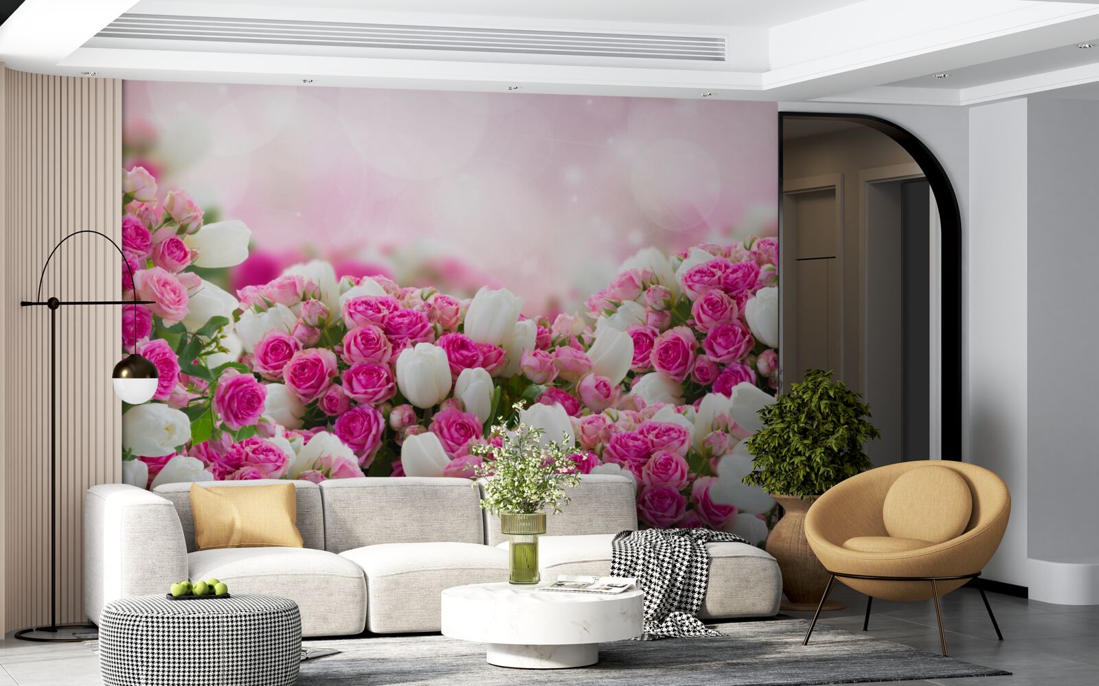 Fotobehang roze rozen en witte tulpen