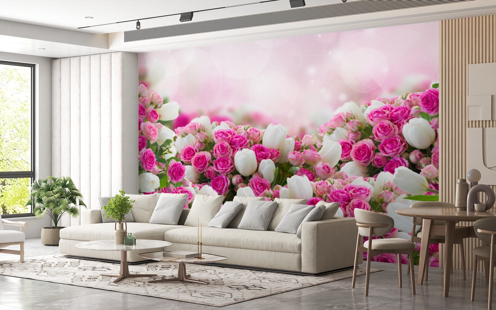 Fotobehang roze rozen en witte tulpen