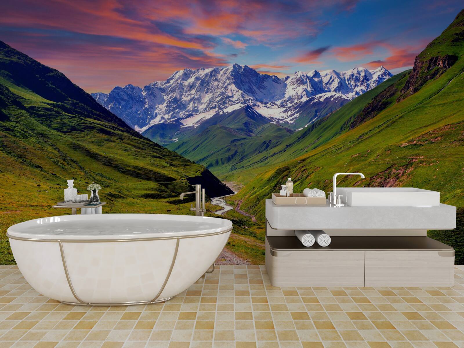 Fotobehang charmant pad door de bergtoppen