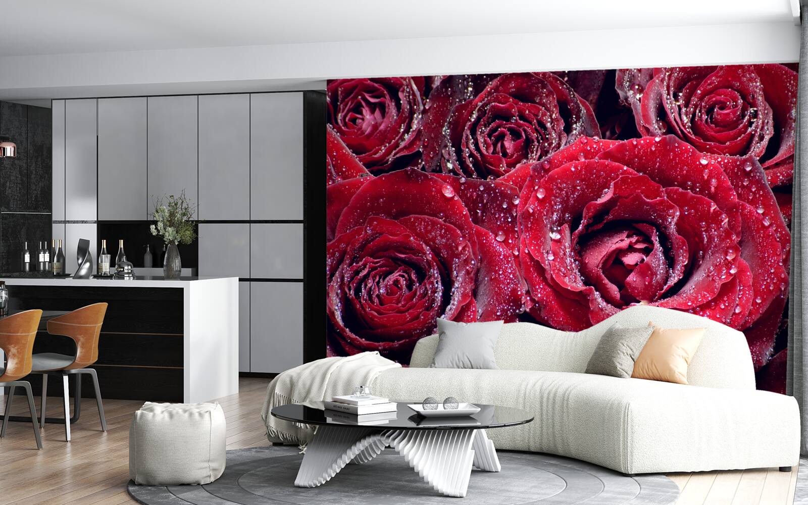 Fotobehang Scharlaken bloemen na een regenbui