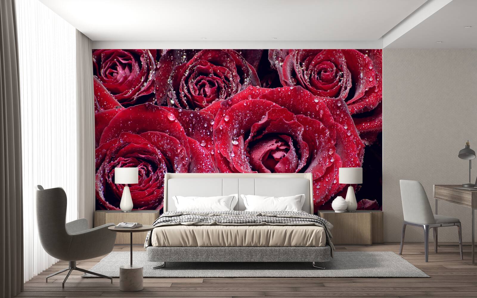 Fotobehang Scharlaken bloemen na een regenbui