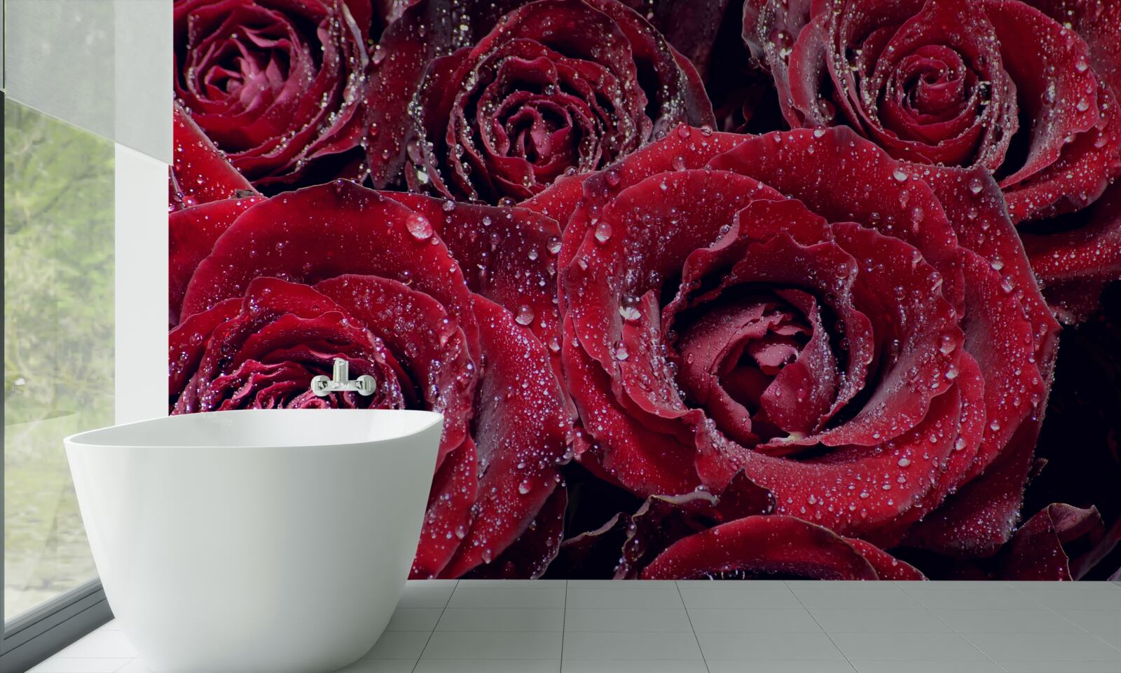 Fotobehang Scharlaken bloemen na een regenbui