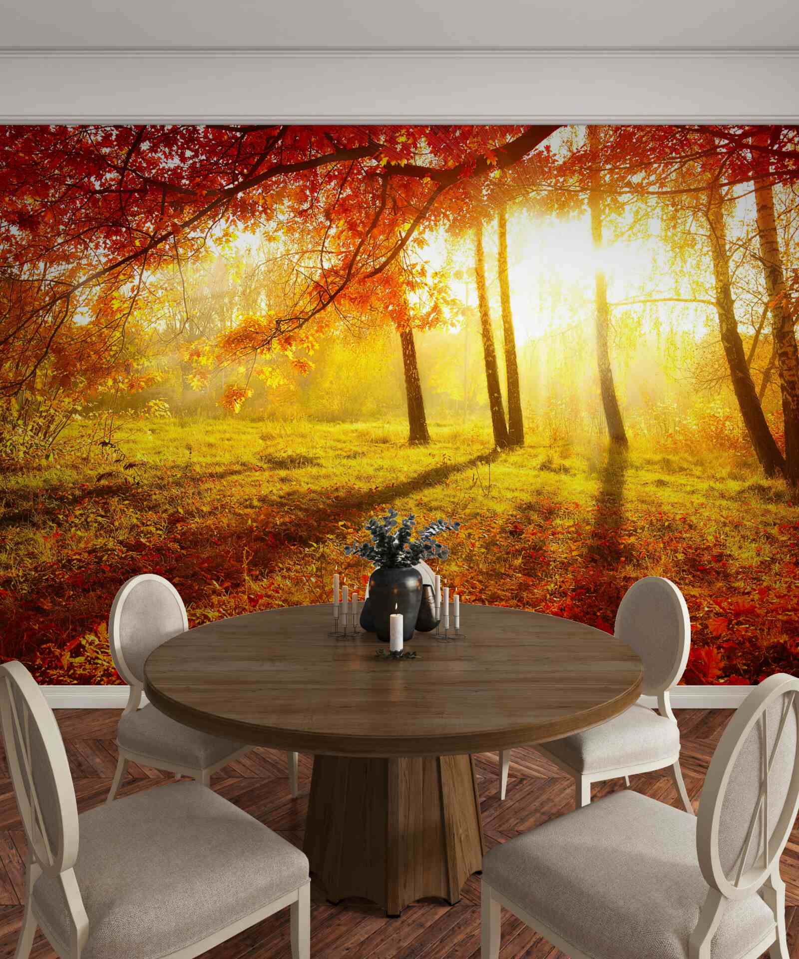 Fotobehang koude zonnestralen prikken door de herfstmist