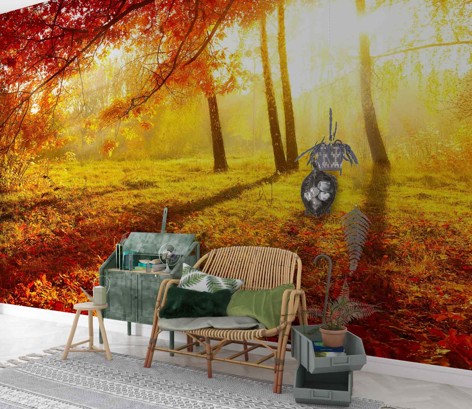 Fotobehang koude zonnestralen prikken door de herfstmist