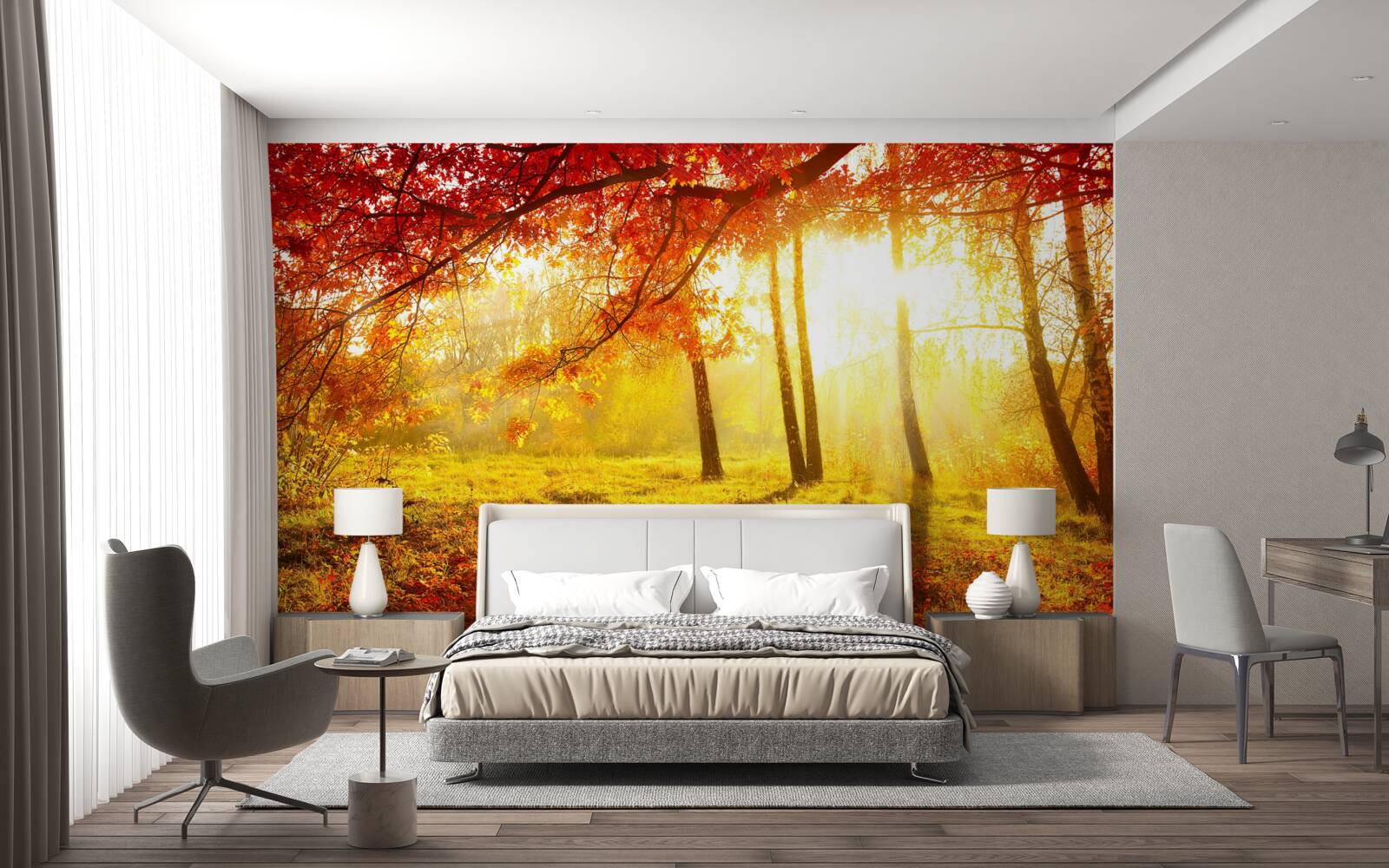 Fotobehang koude zonnestralen prikken door de herfstmist