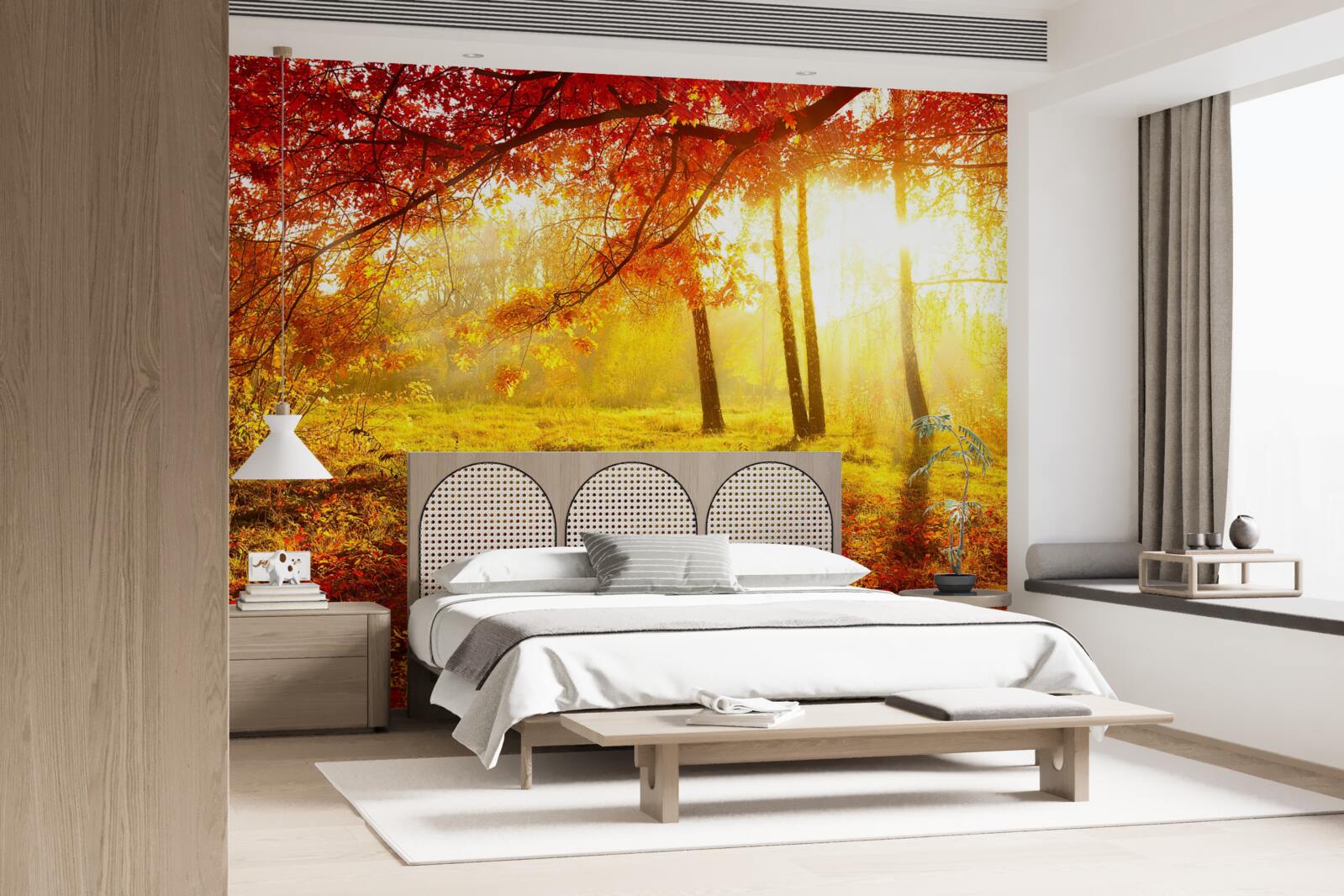 Fotobehang koude zonnestralen prikken door de herfstmist