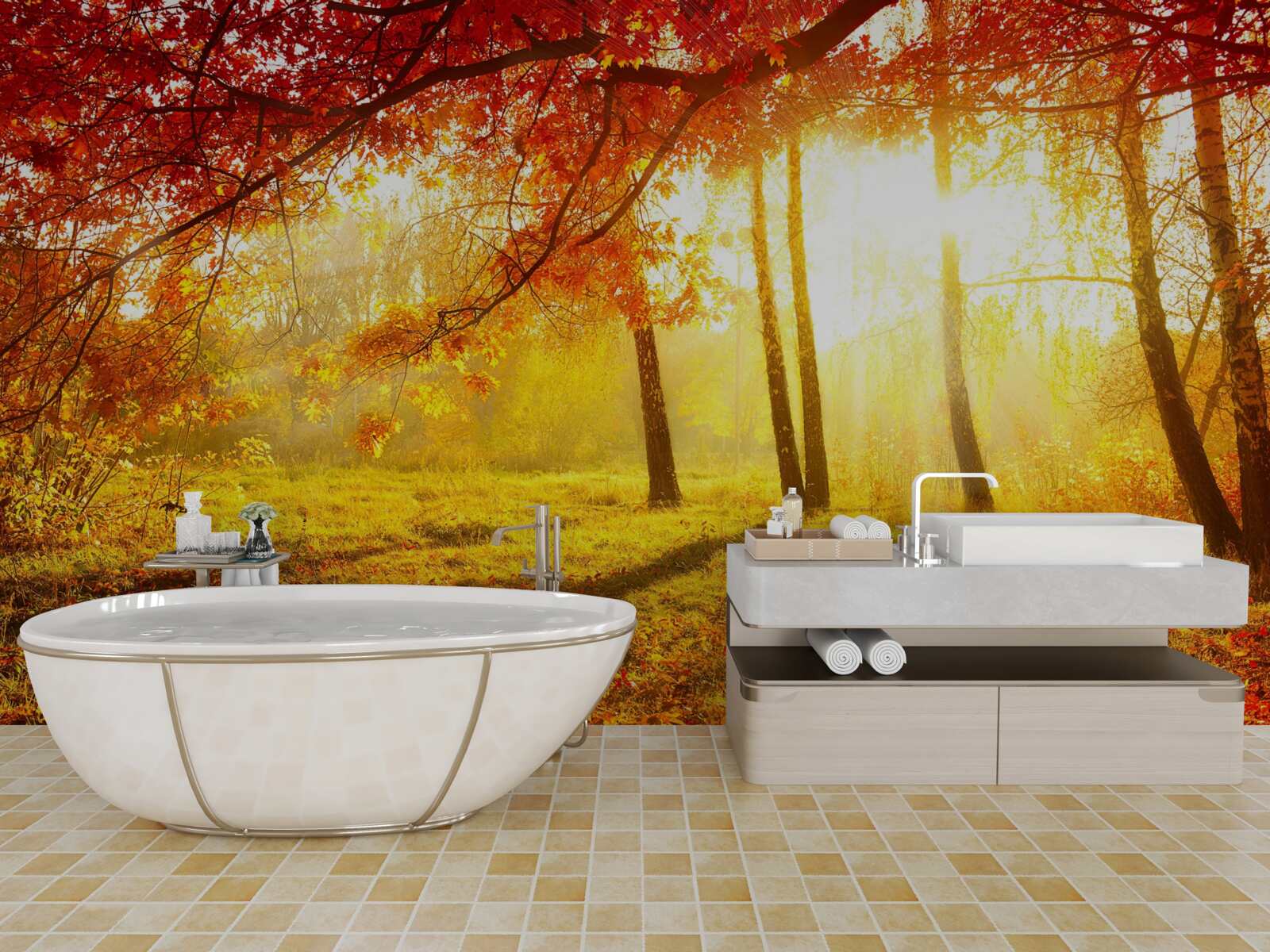 Fotobehang koude zonnestralen prikken door de herfstmist