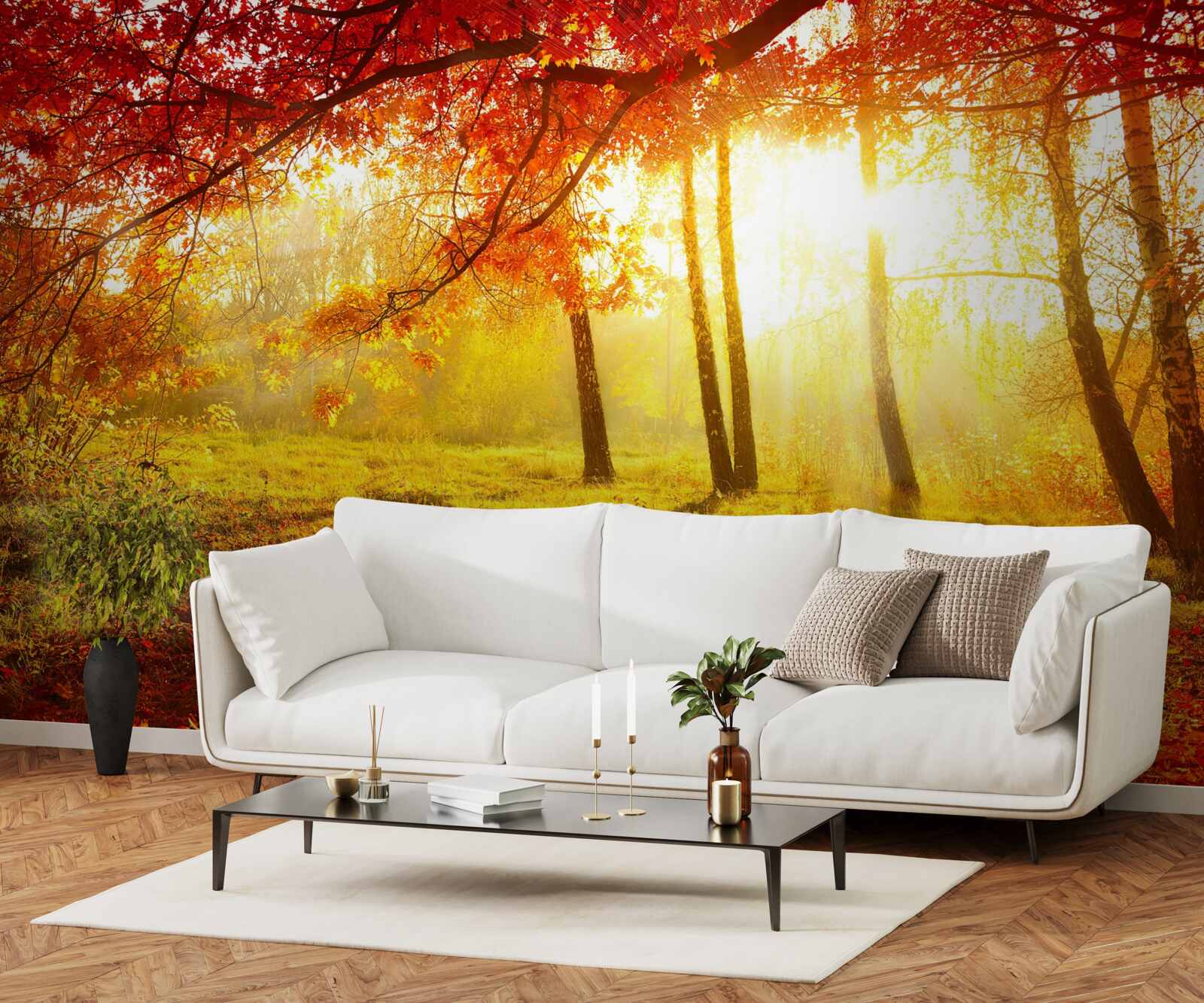 Fotobehang koude zonnestralen prikken door de herfstmist