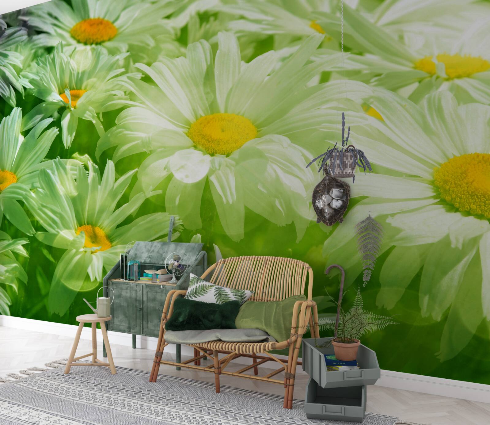 Fotobehang zachte madeliefjes tussen het groen