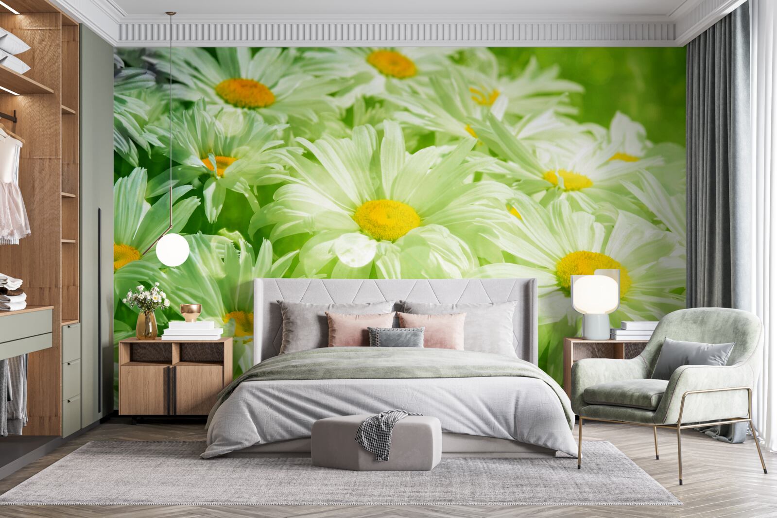 Fotobehang zachte madeliefjes tussen het groen