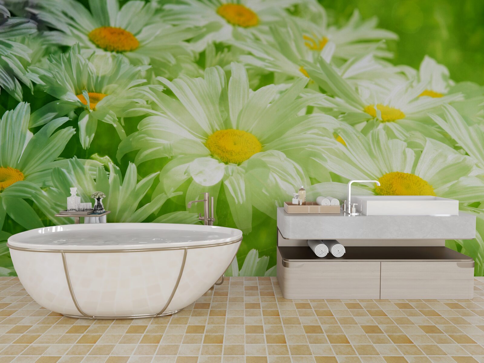 Fotobehang zachte madeliefjes tussen het groen