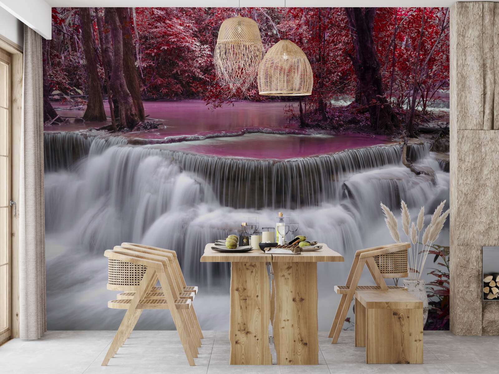 Fotobehang herfstwaterval in het bos in rode kleuren