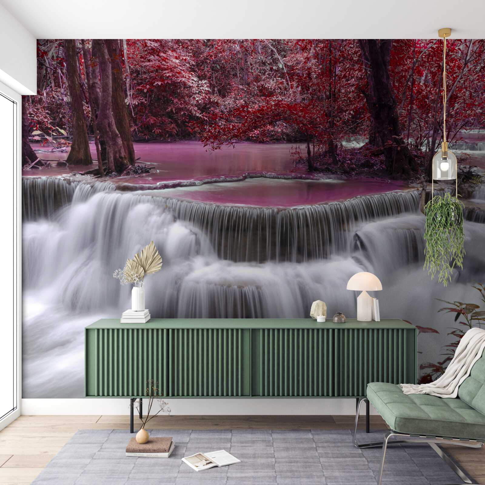 Fotobehang herfstwaterval in het bos in rode kleuren