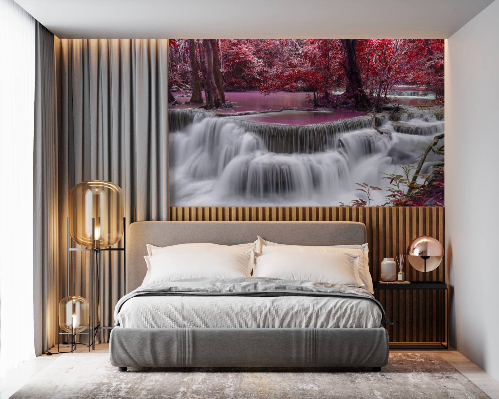 Fotobehang herfstwaterval in het bos in rode kleuren