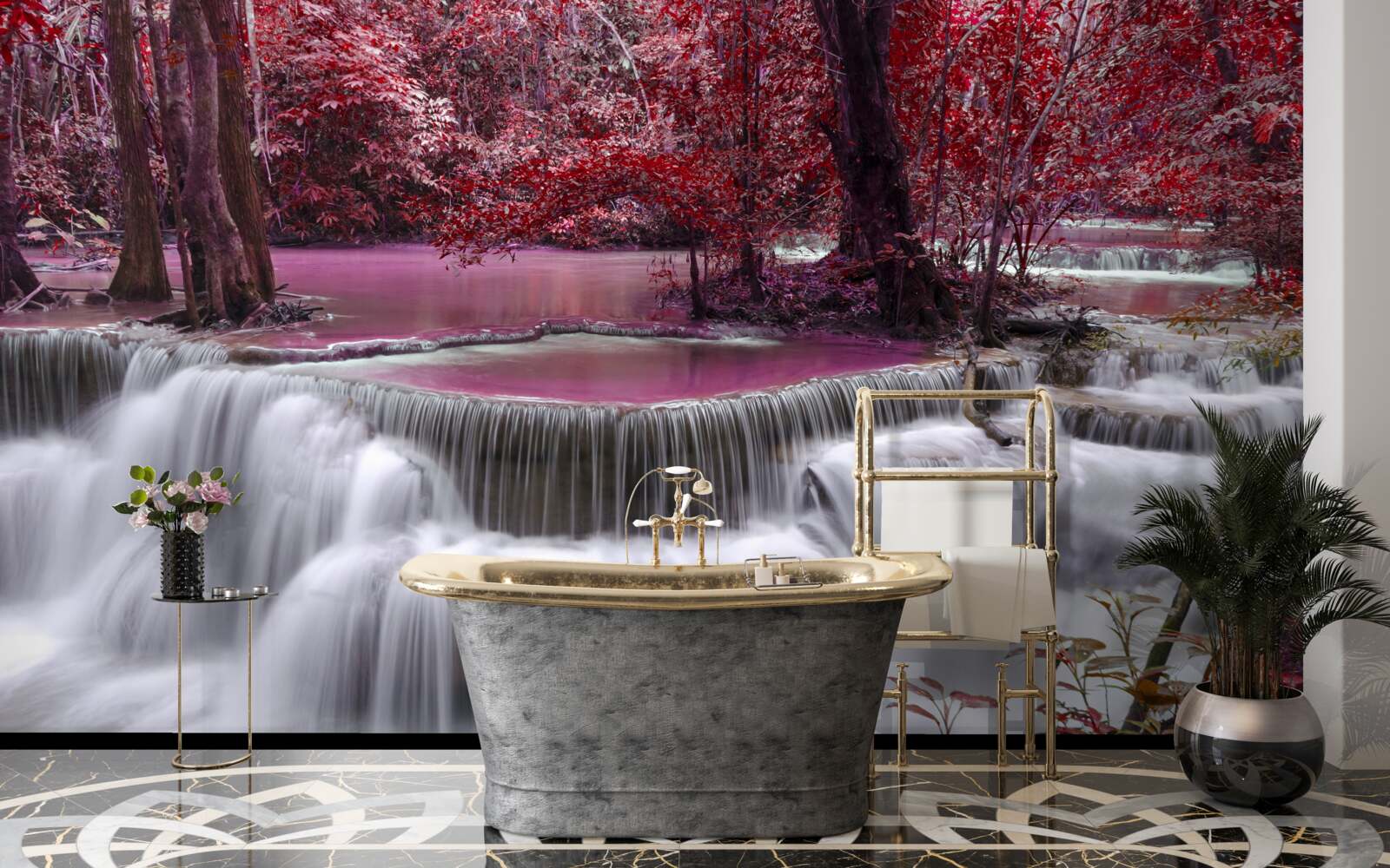 Fotobehang herfstwaterval in het bos in rode kleuren