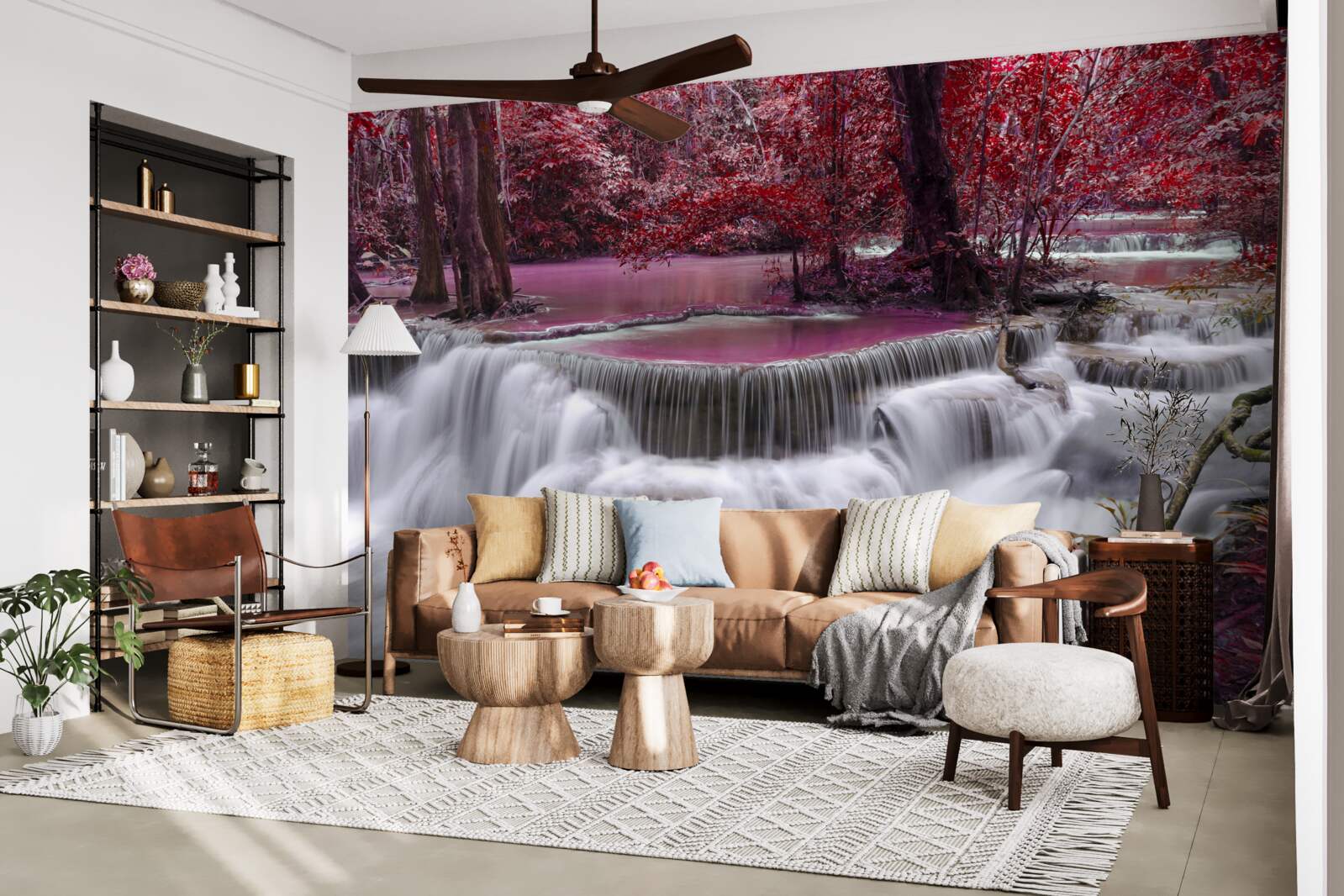 Fotobehang herfstwaterval in het bos in rode kleuren