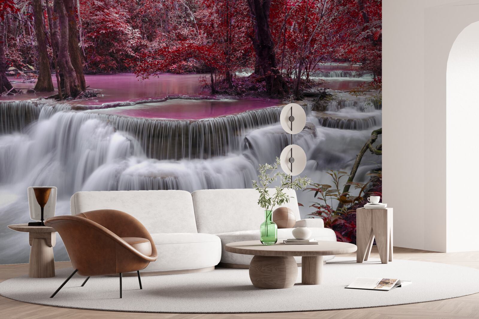 Fotobehang herfstwaterval in het bos in rode kleuren