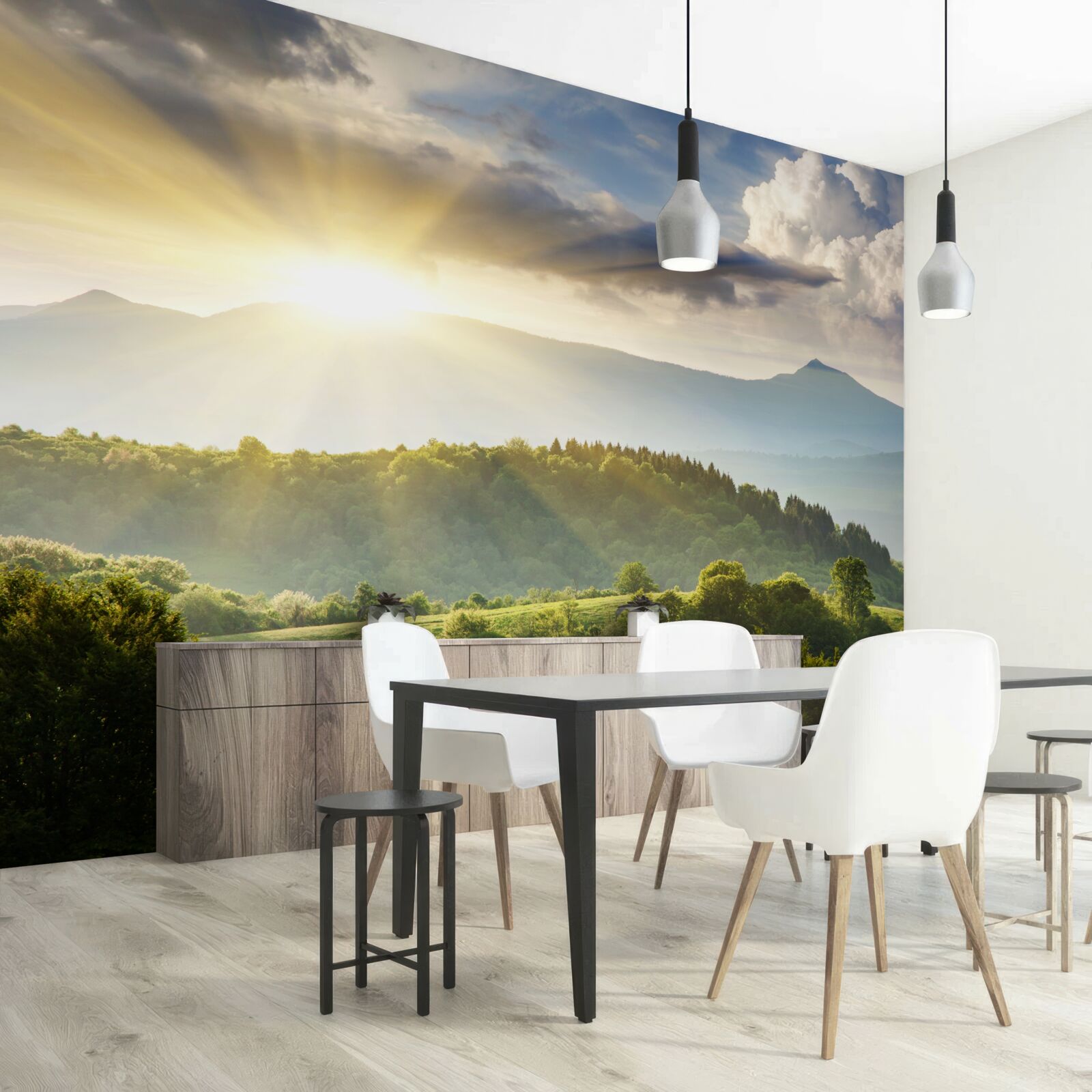 Fotobehang ochtendzon over de bergtoppen