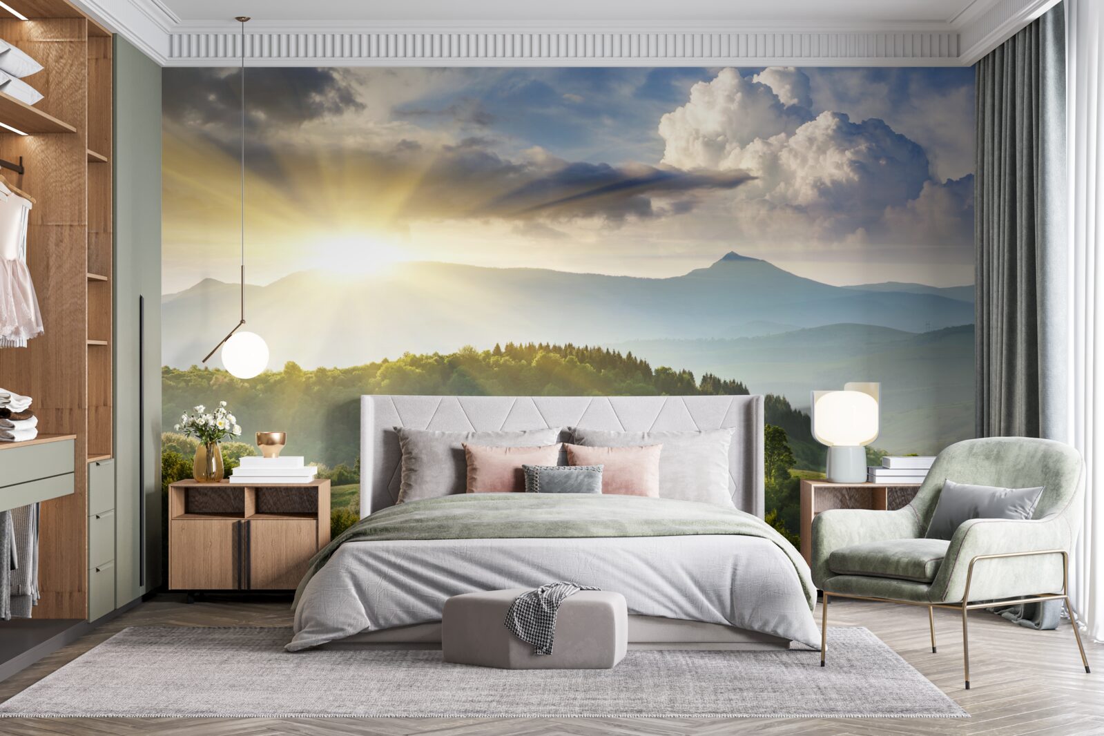 Fotobehang ochtendzon over de bergtoppen