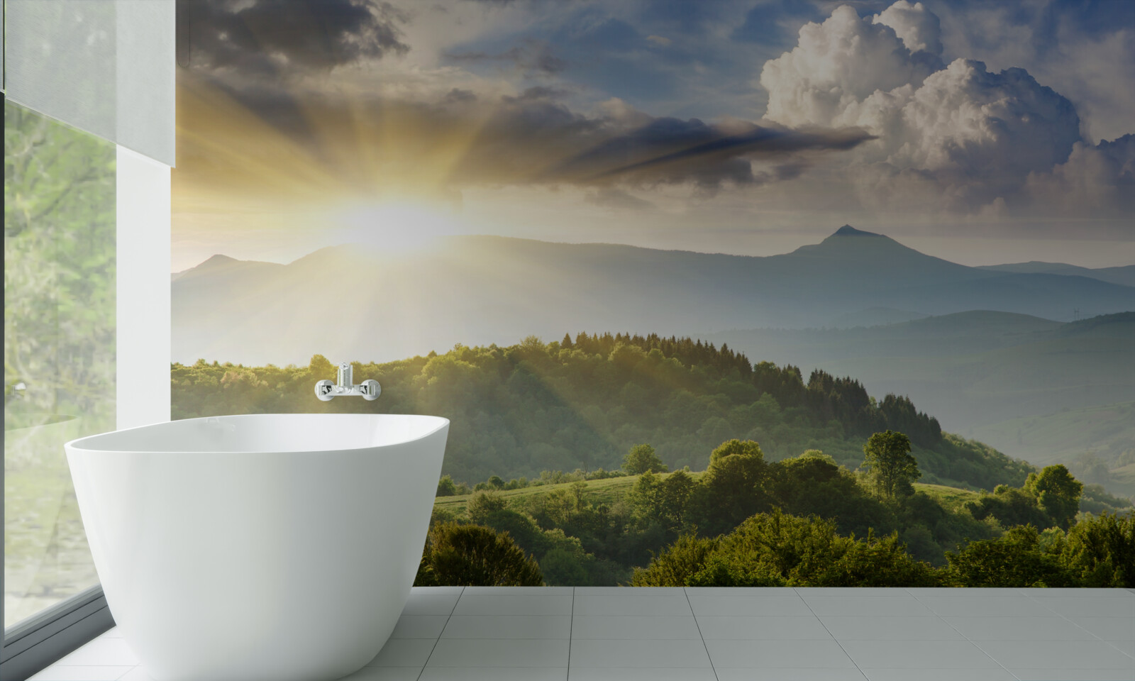 Fotobehang ochtendzon over de bergtoppen