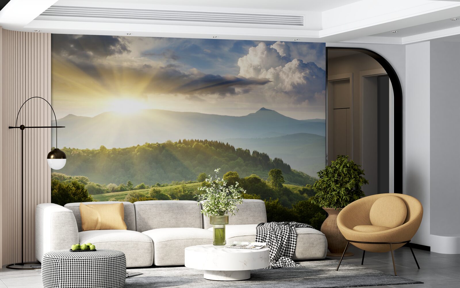 Fotobehang ochtendzon over de bergtoppen