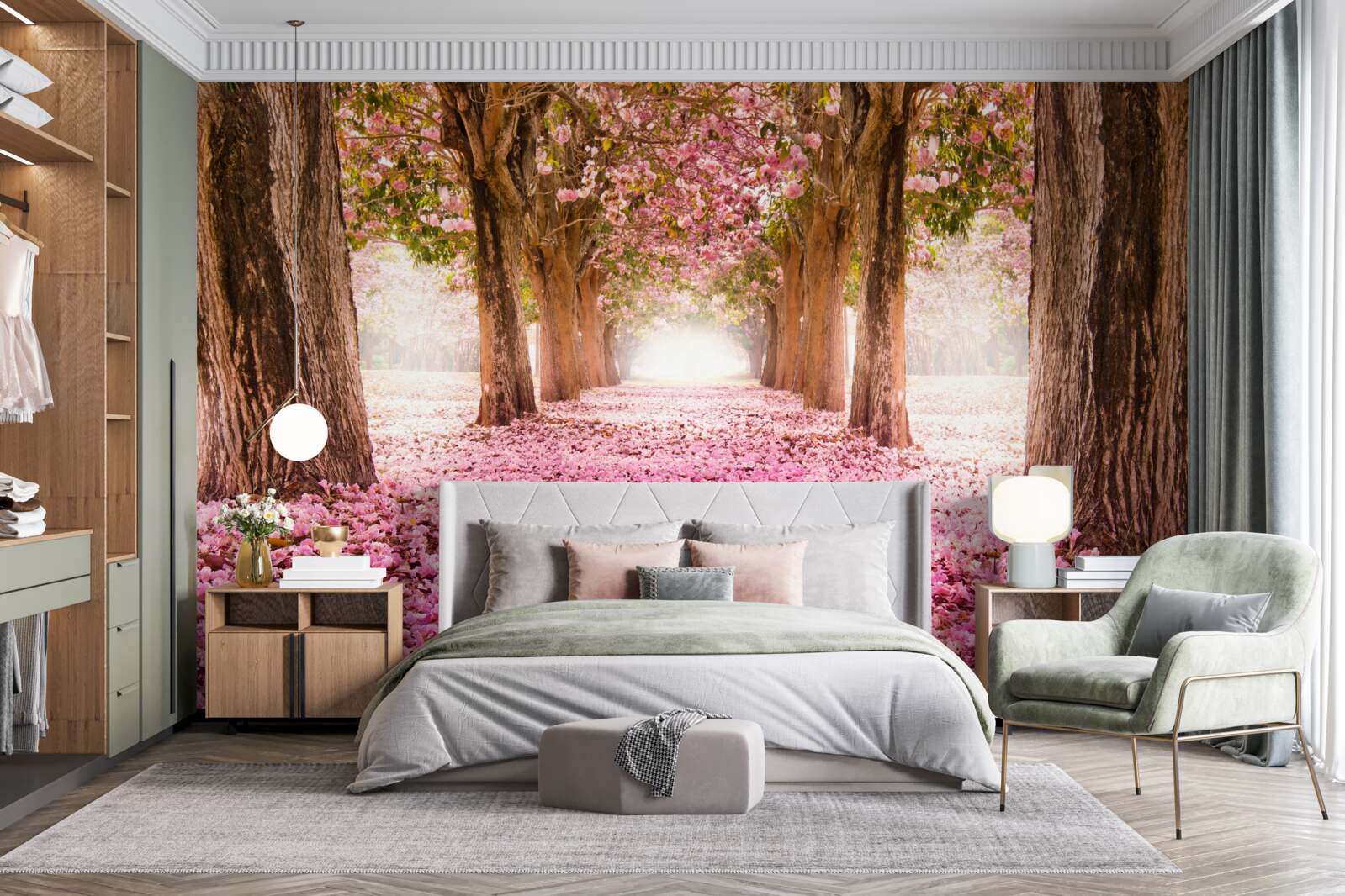 Fotobehang roze sakura bedekte de steeg
