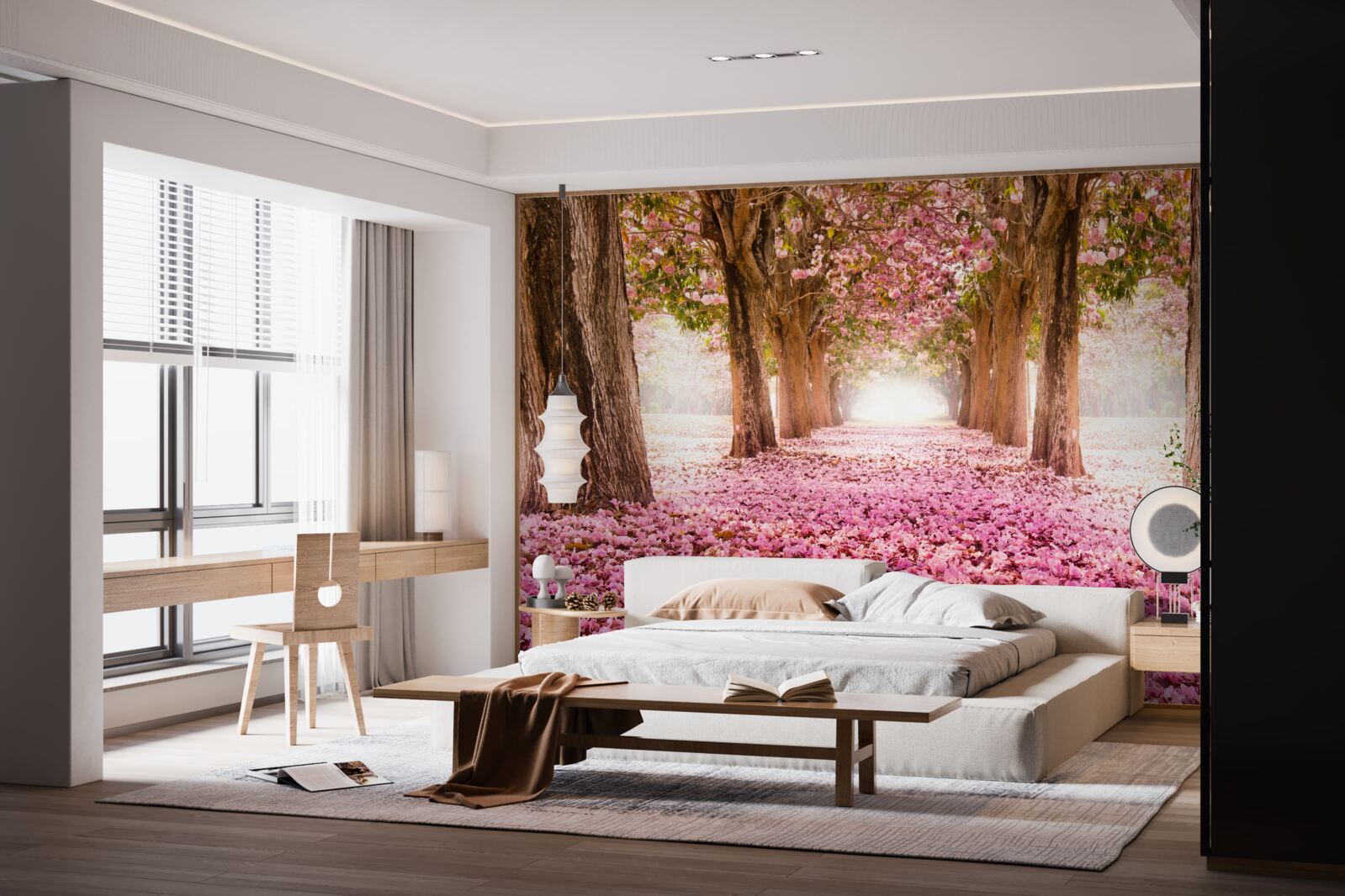 Fotobehang roze sakura bedekte de steeg