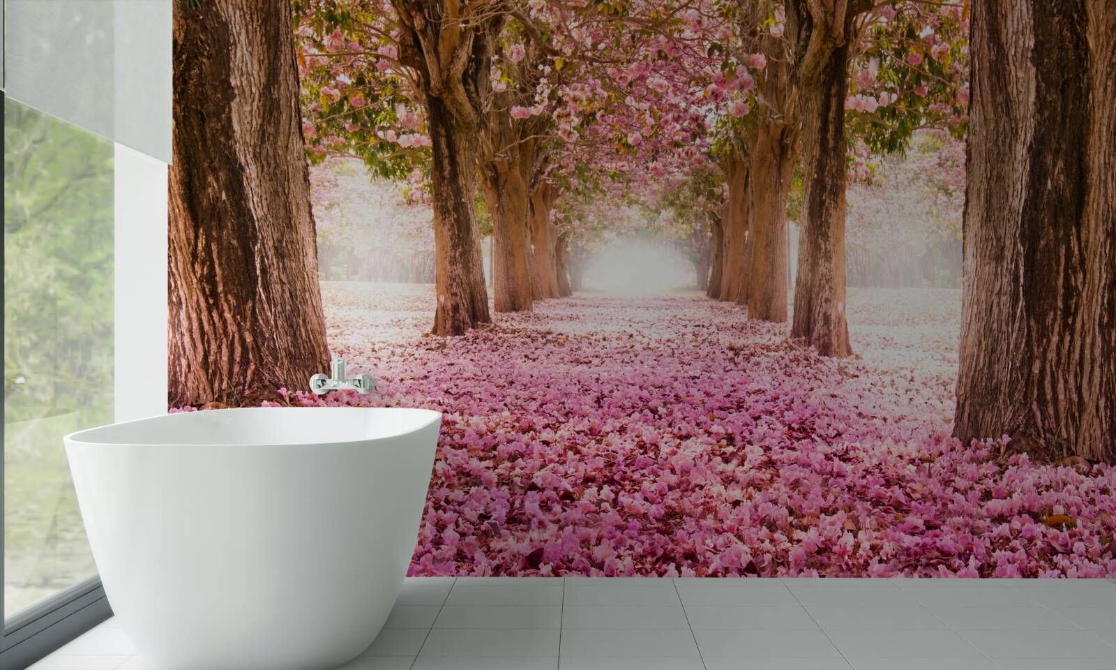 Fotobehang roze sakura bedekte de steeg