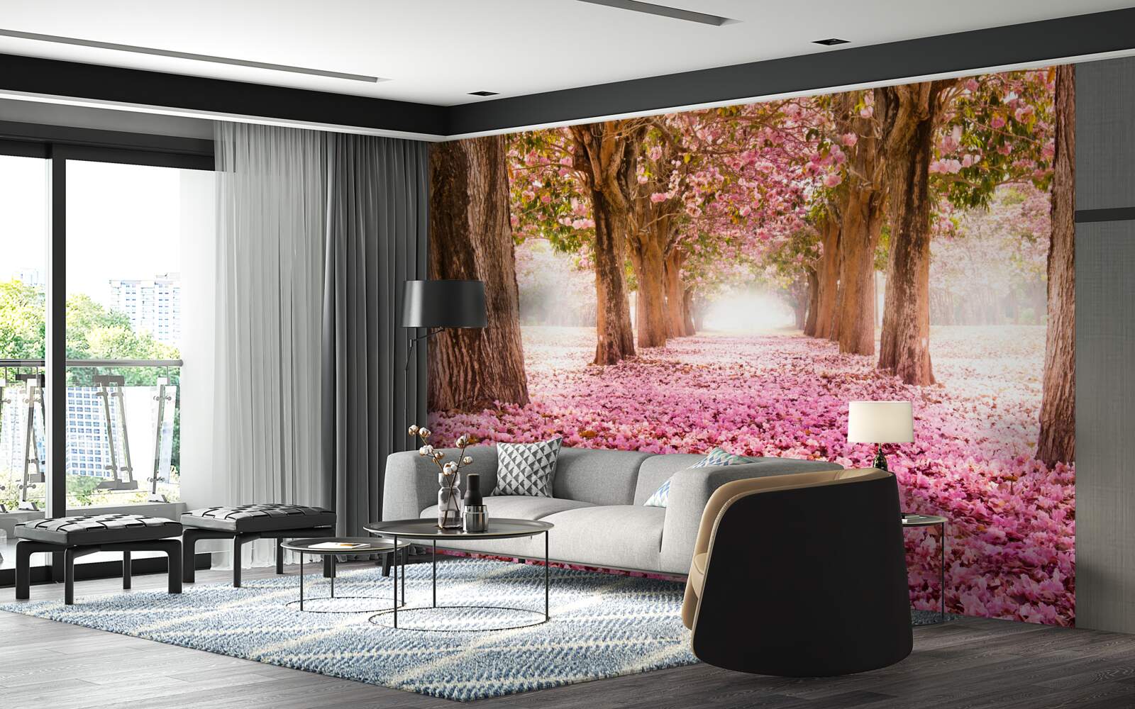Fotobehang roze sakura bedekte de steeg
