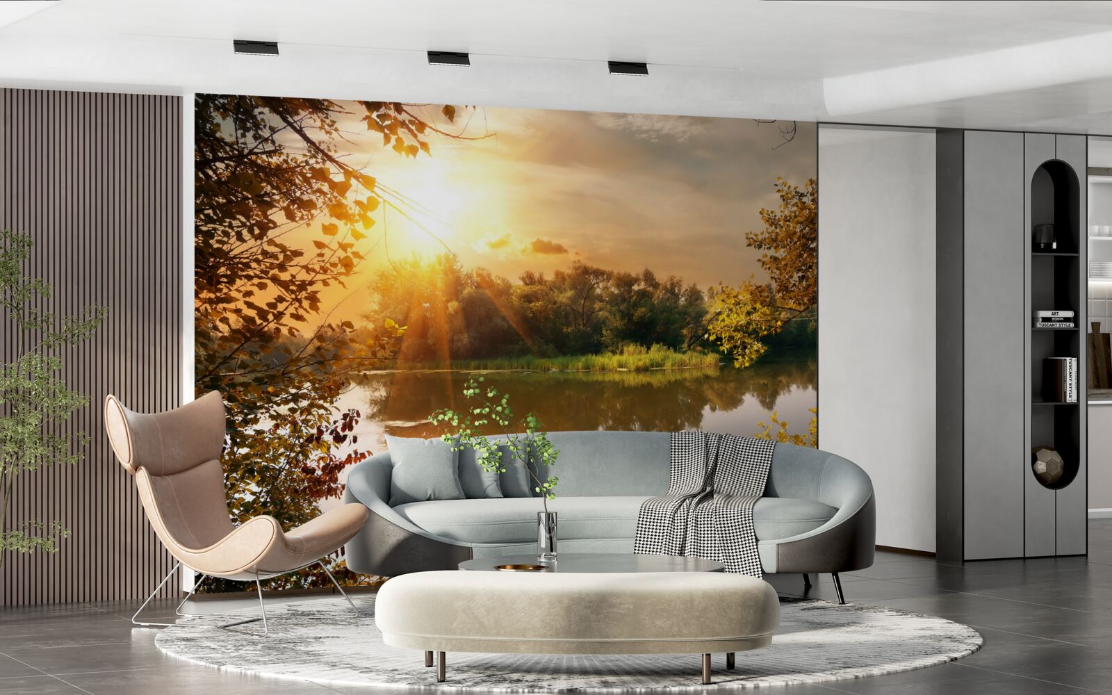 Fotobehang zonneschijn over een meer waar een zwaan zwemt