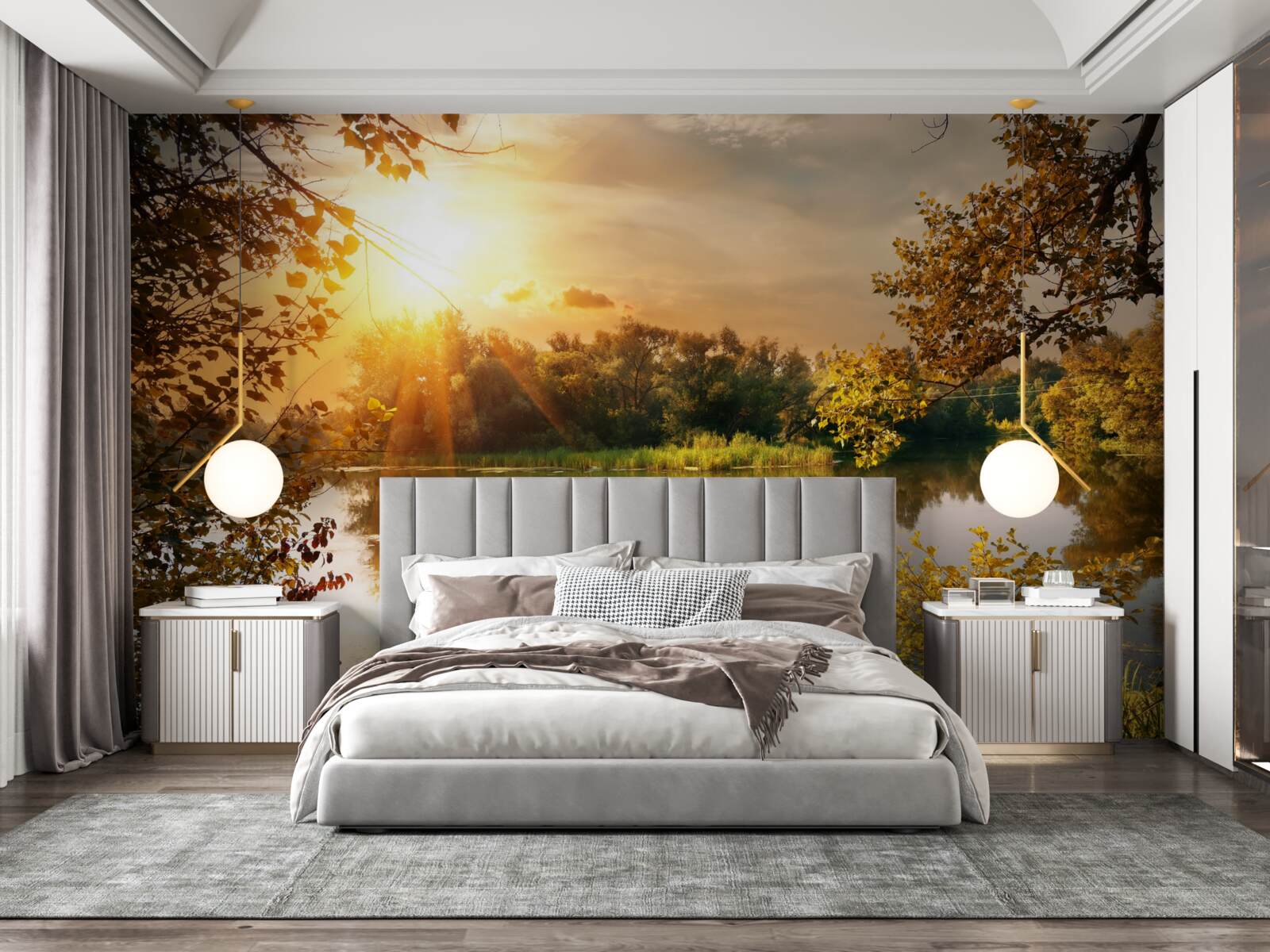 Fotobehang zonneschijn over een meer waar een zwaan zwemt