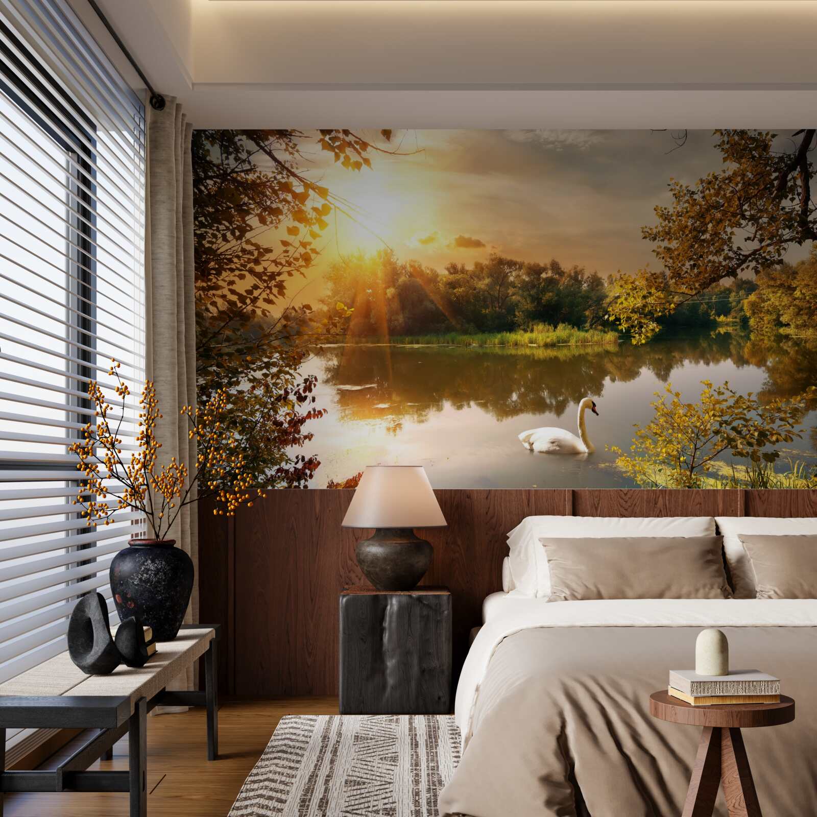 Fotobehang zonneschijn over een meer waar een zwaan zwemt