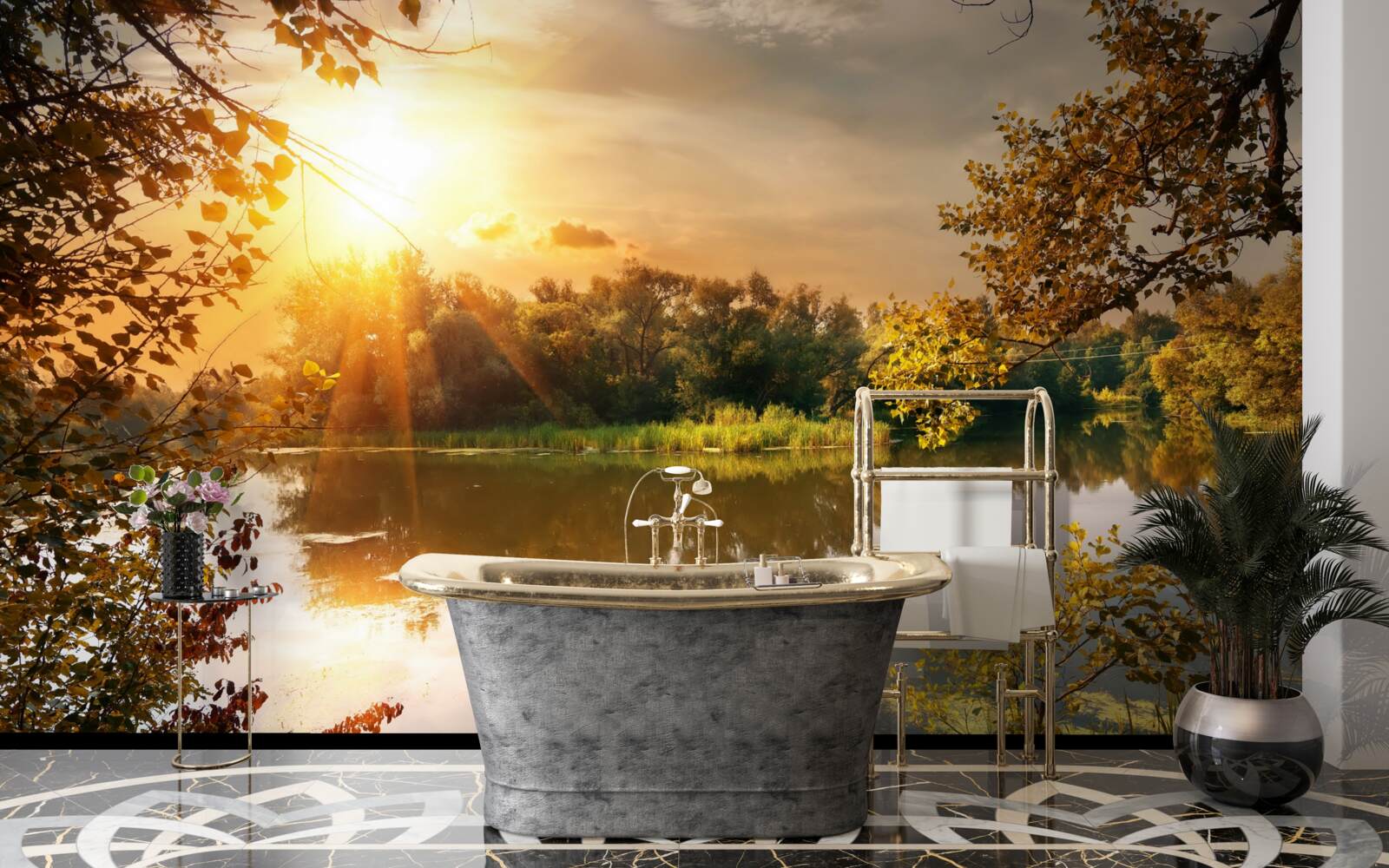 Fotobehang zonneschijn over een meer waar een zwaan zwemt