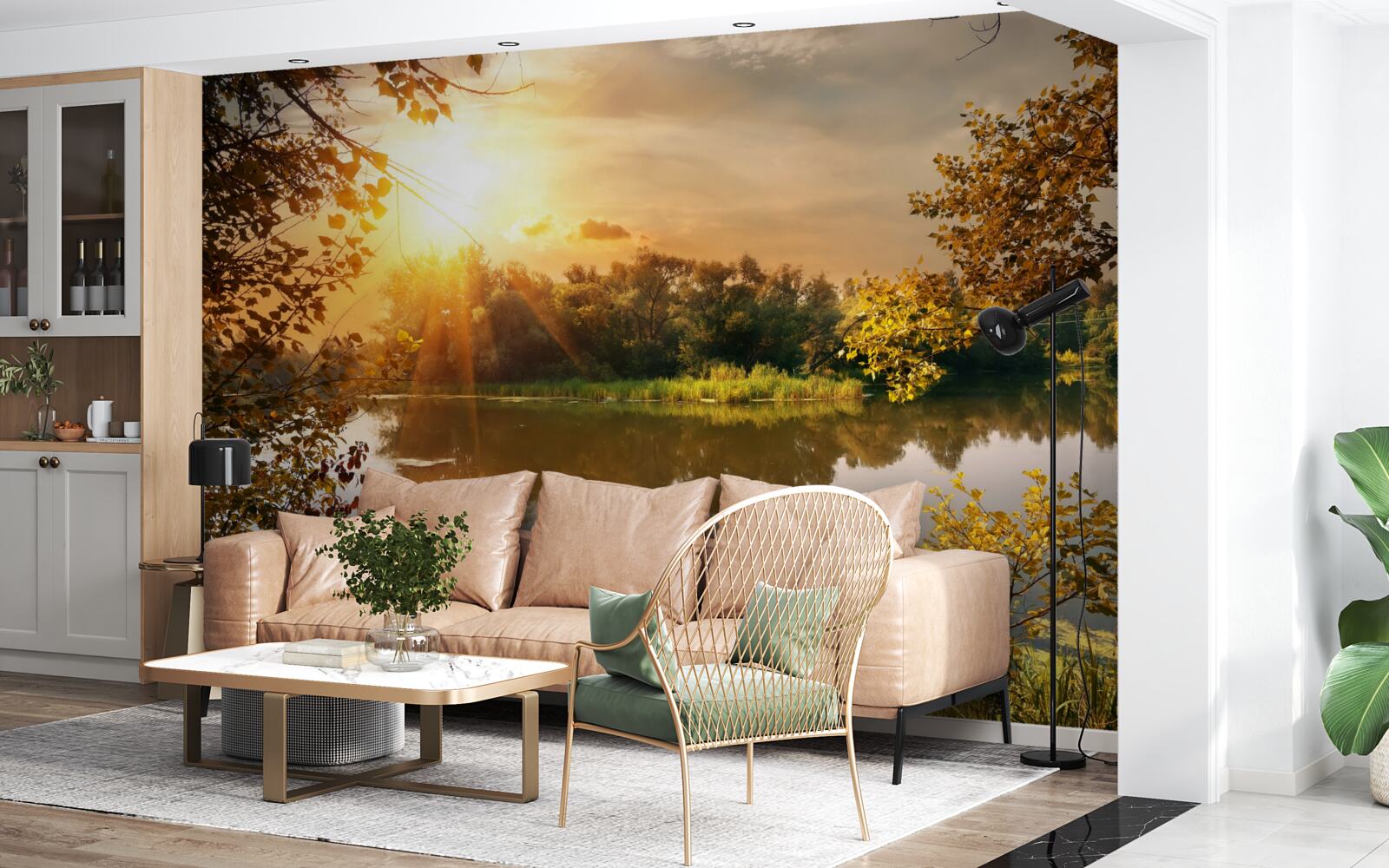 Fotobehang zonneschijn over een meer waar een zwaan zwemt