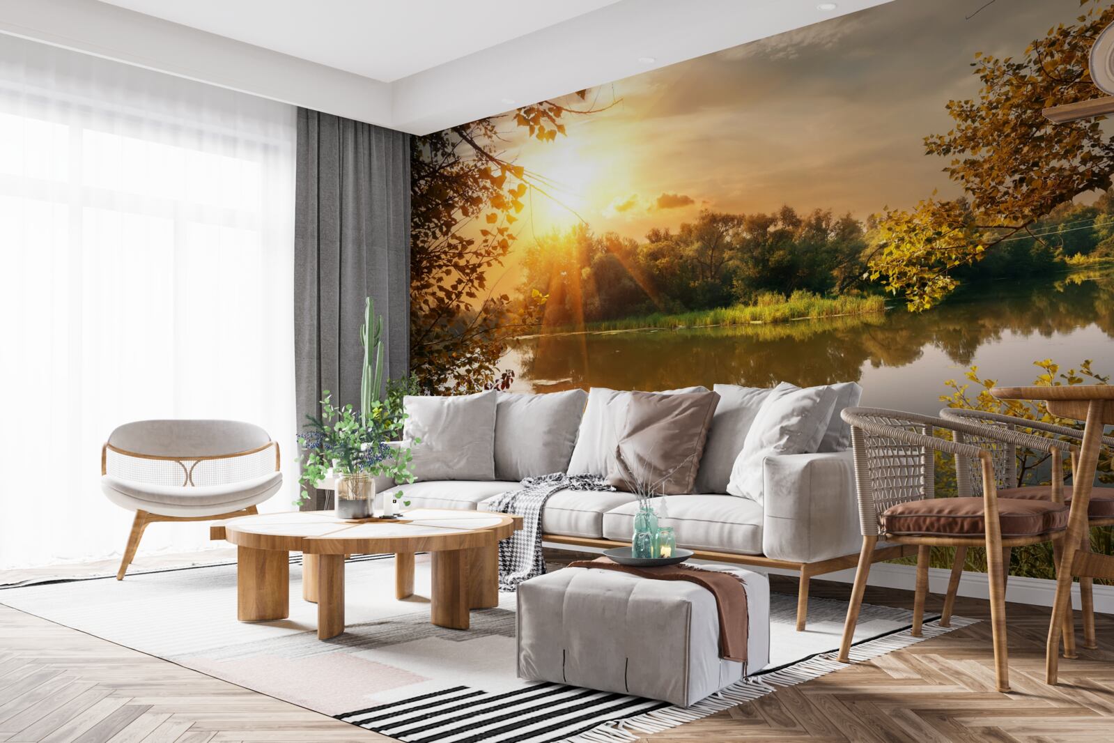 Fotobehang zonneschijn over een meer waar een zwaan zwemt